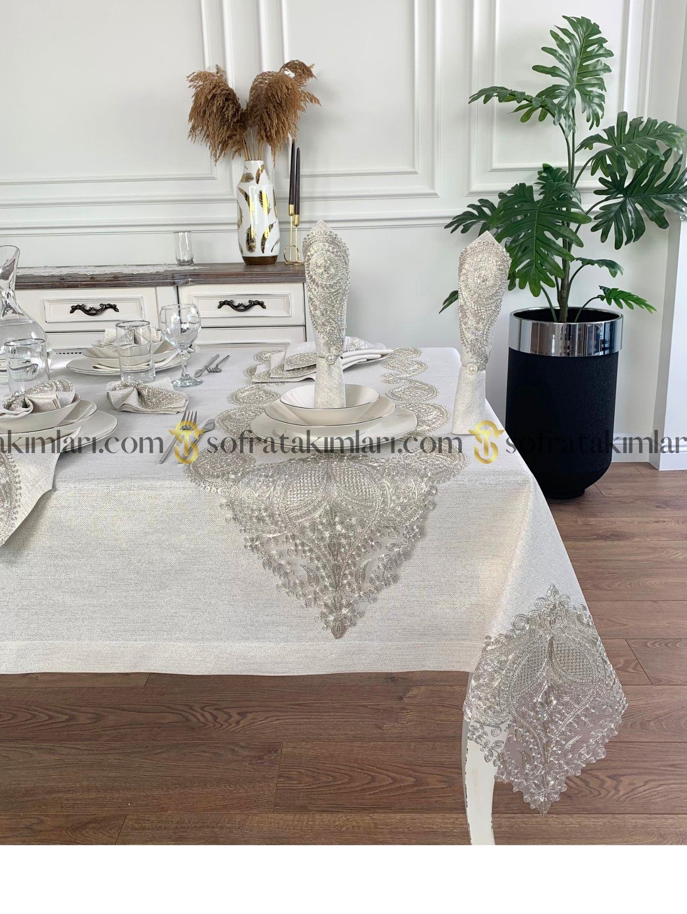 Salkım Model Eko Sofra Takımı 26 Parça Set - Platin Dantelli - Işıltılı Taş Rengi Kumaş