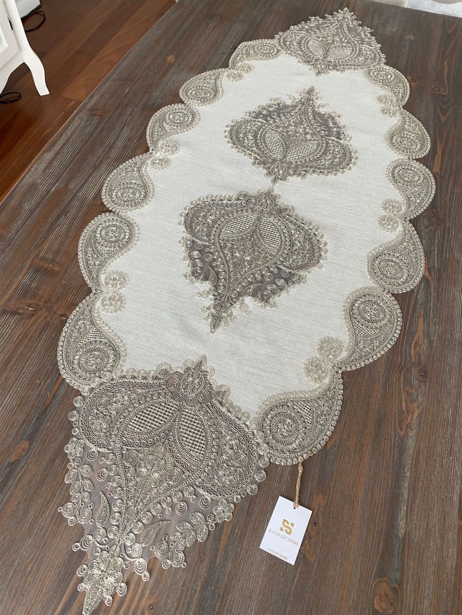 Salkım Salon Takımı 5 Parça Platin Dantel Taş Kumaş