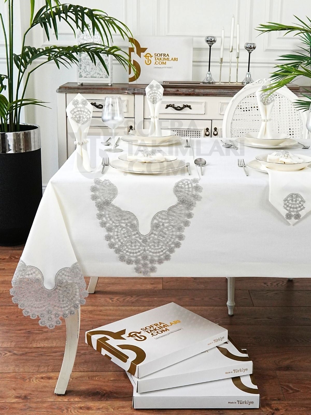 Sevda Model Eko 26 Parça Sofra Takımı Set - Gümüş Dantelli - Kırık Beyaz Kumaş