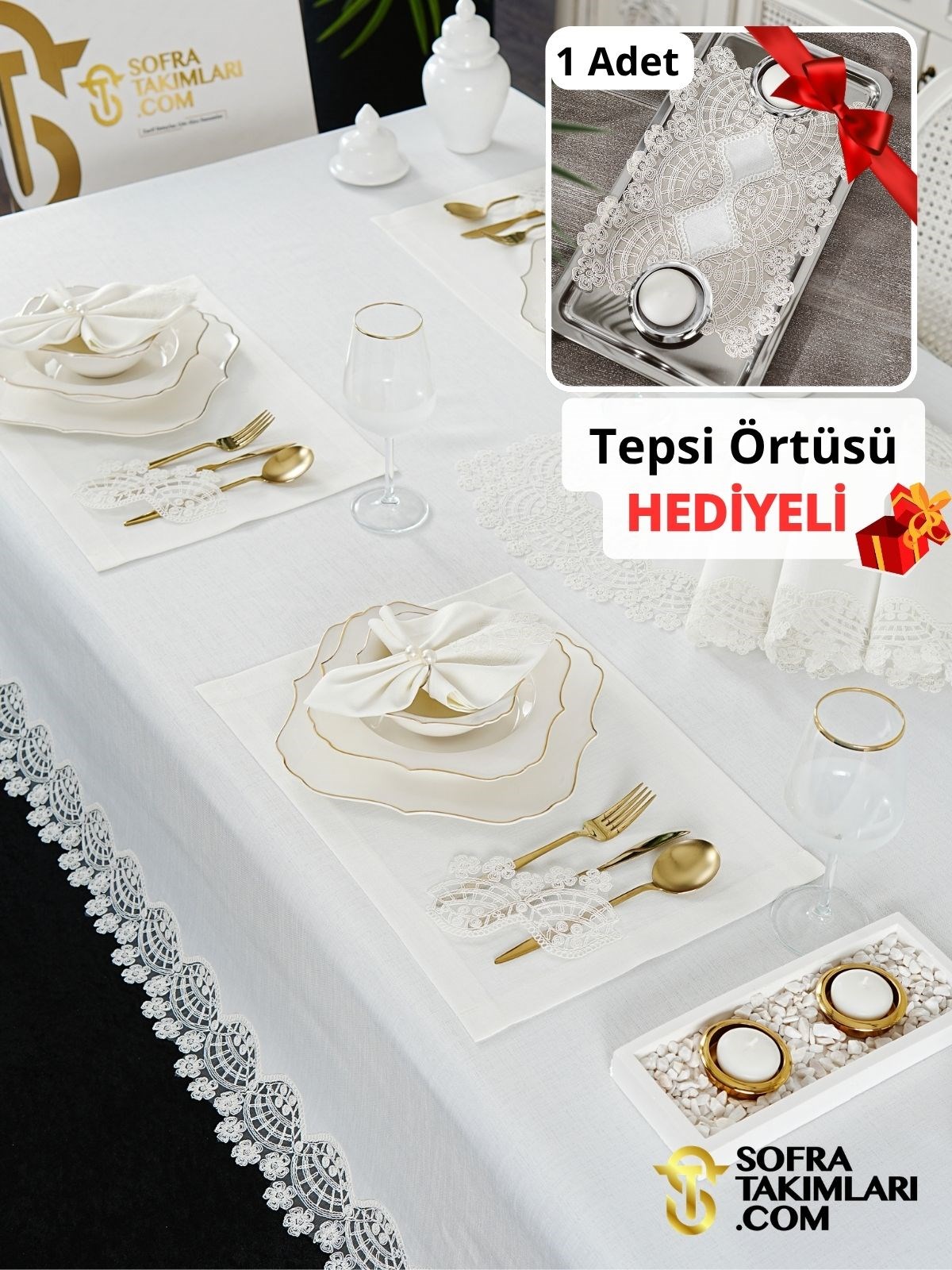 Sevda Model Lüks Sofra Takımı 38 Parça Full Set - Kırık Beyaz Dantel - Kırık Beyaz Keten Kumaş