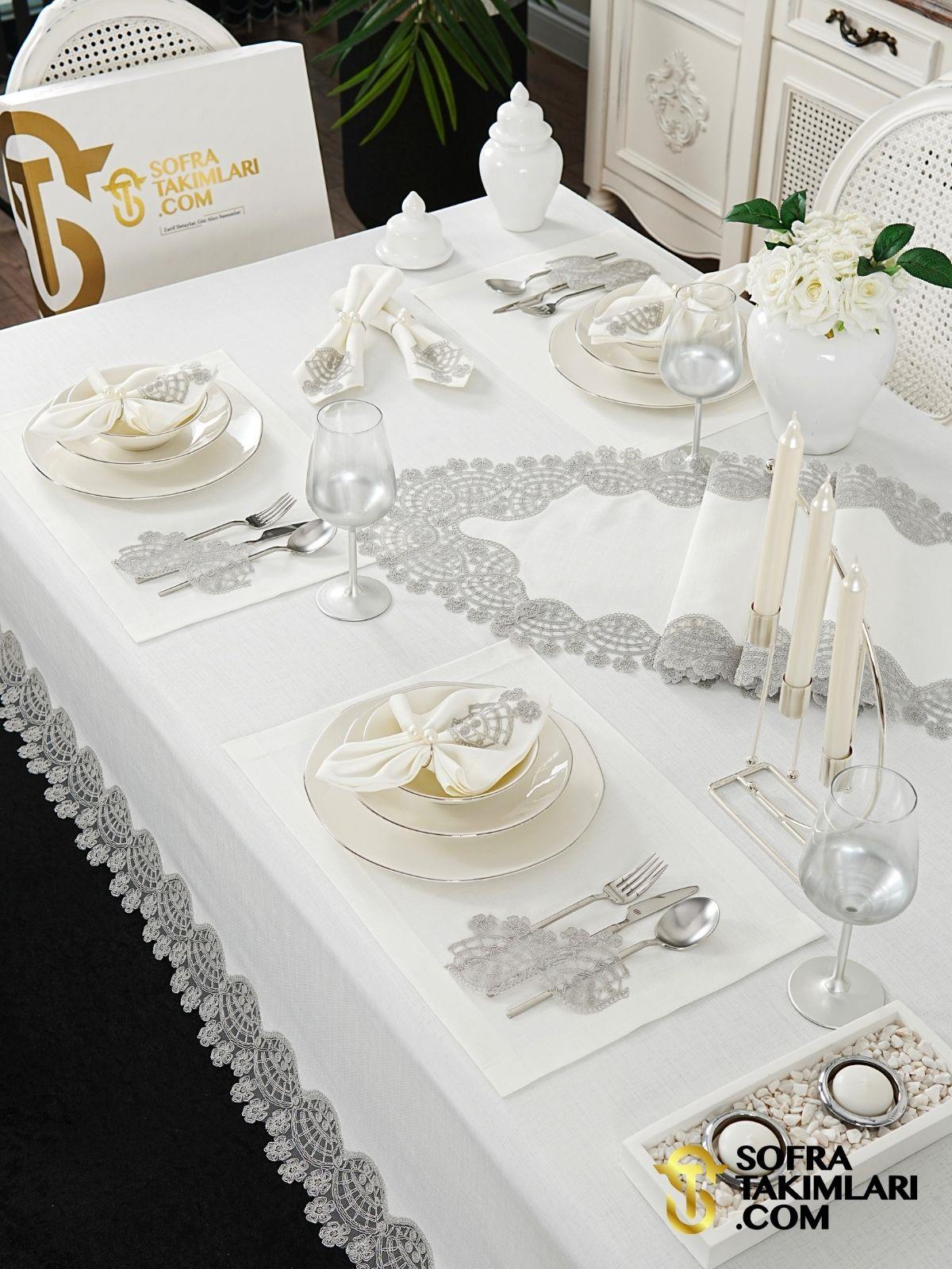 Sevda Model Lüx Sofra Takımı 38 Parça Amerikan Servisli Set - Gri Dantelli