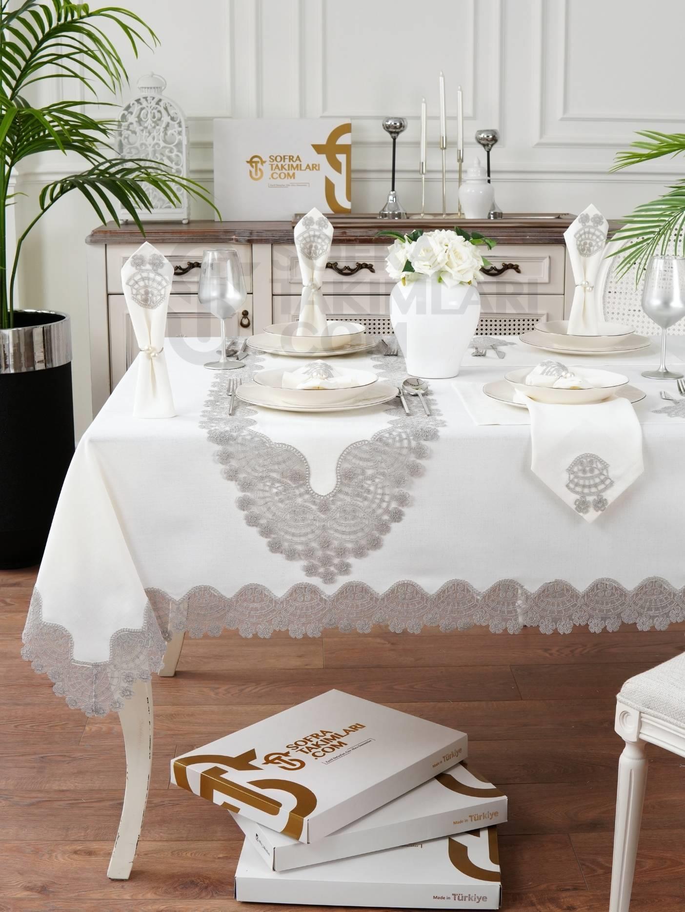 Sevda Model Lüx Sofra Takımı 38 Parça Amerikan Servisli Set - Gri Dantelli