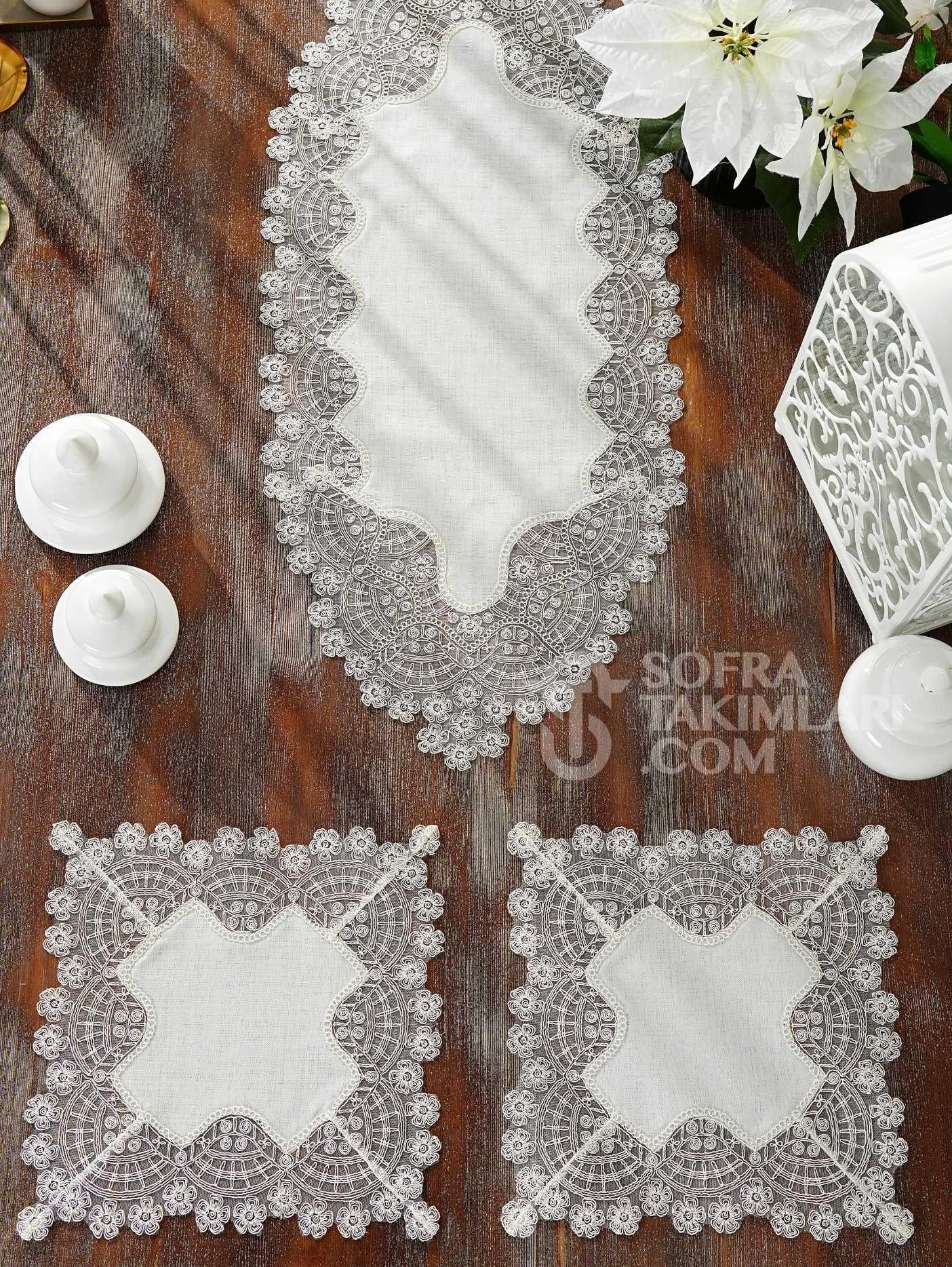 Sevda Model Yatak Odası Takımı - 3 Parça Set - Kırık Beyaz Dantel - Kırık Beyaz Kumaş