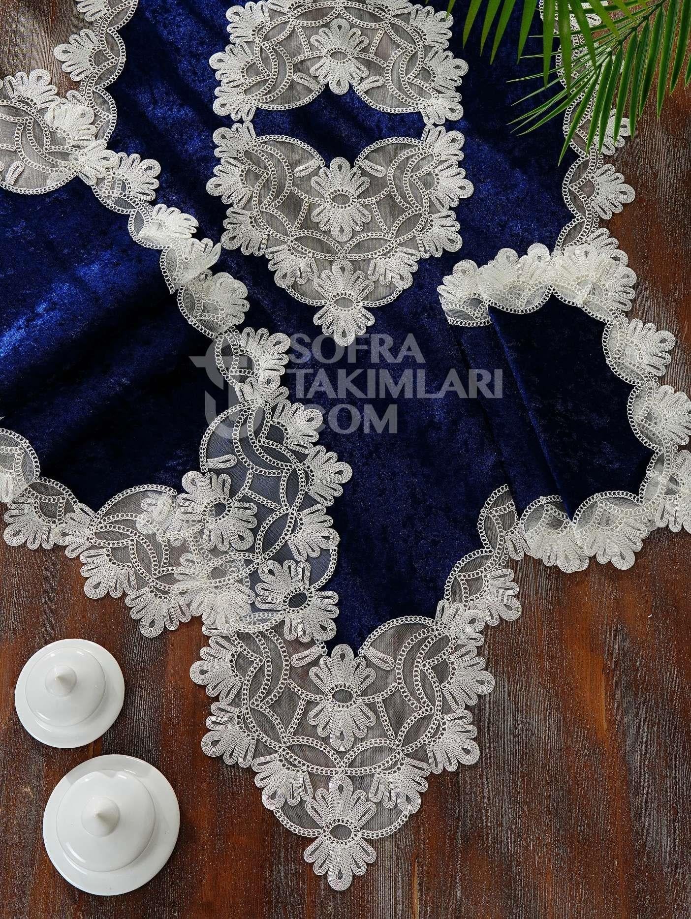 Sofia Model 5 Parça Salon Örtü Takımı - Lacivert Kadife Kumaş