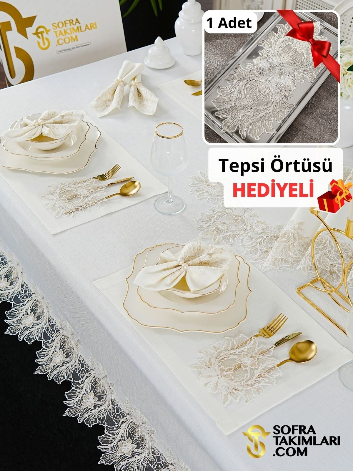 Taj Mahal Model Lüks Sofra Takımı 38 Parça Full Set - Gold Dantel - Kırık Beyaz Keten Kumaş