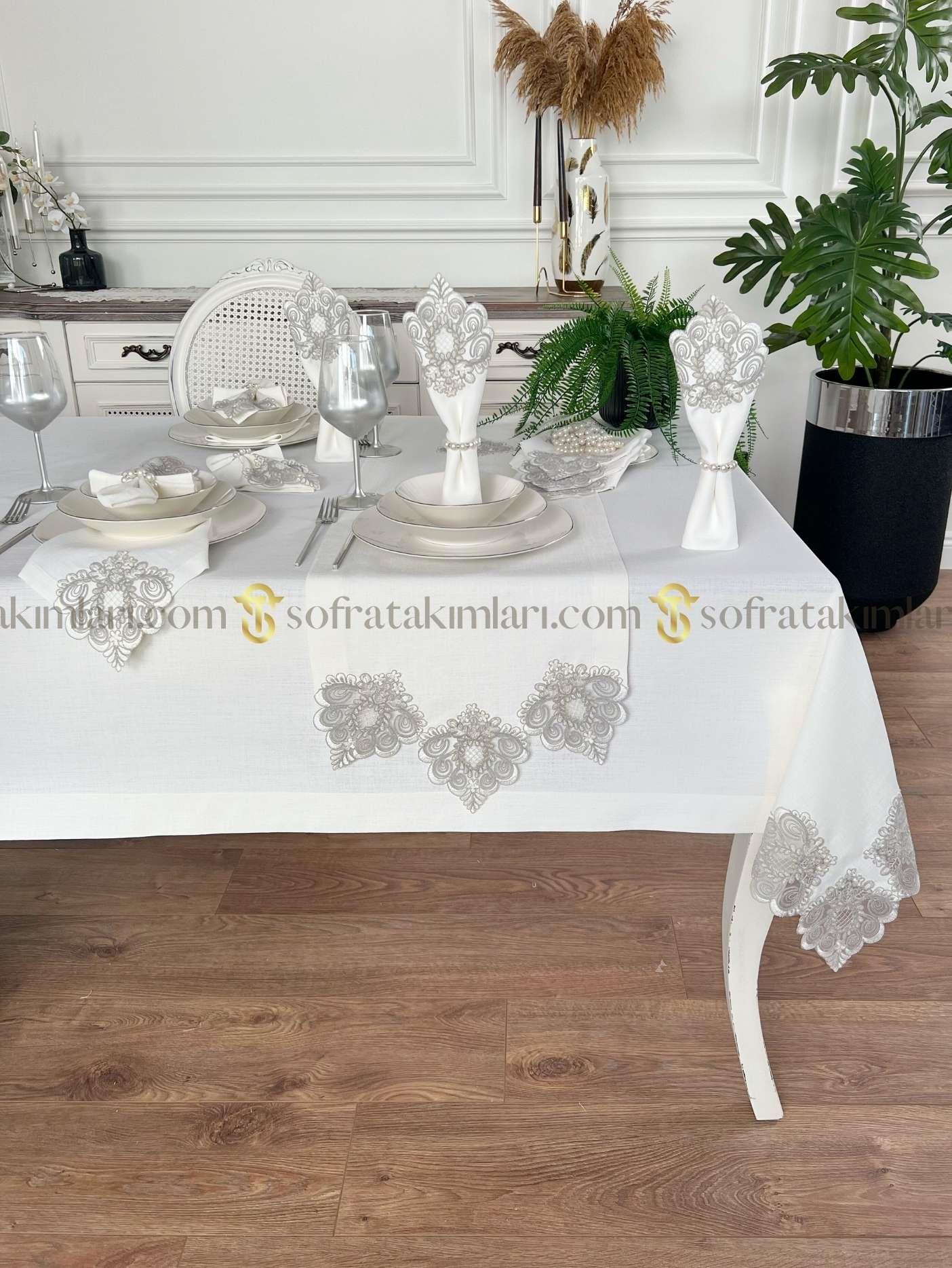 Valentino Model Eko Sofra Takımı - 26 Parça Set - Gri Dantelli - Kırık Beyaz Kumaş
