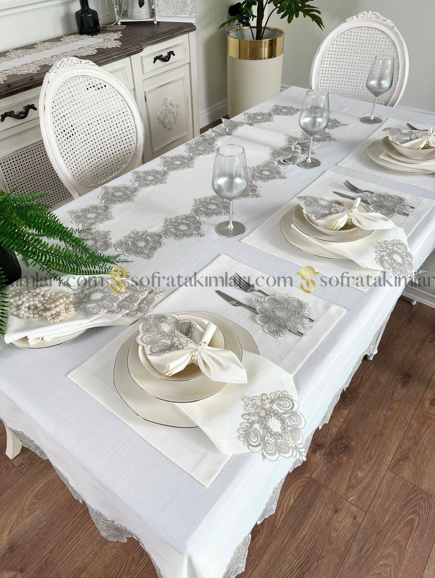 Valentino Model Lüx 38 Parça Sofra Takımı Amerikan Servisli Set - Gri Dantelli - Kırık Beyaz Kumaş