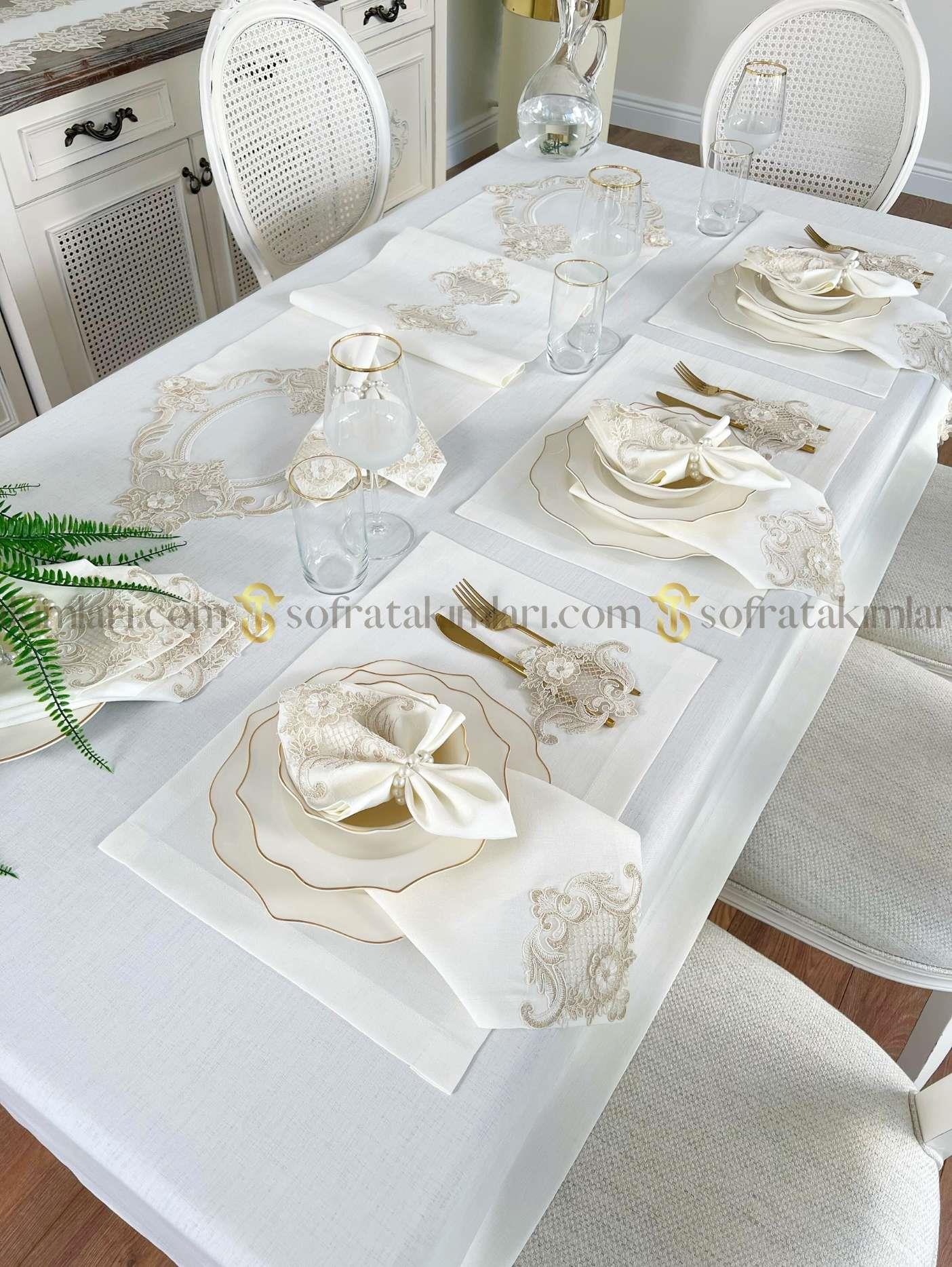 Victoria Model Eko Sofra Takımı - 38 Parça Amerikan Servisli Set - Gold Dantelli - Kırık Beyaz Keten Kumaş