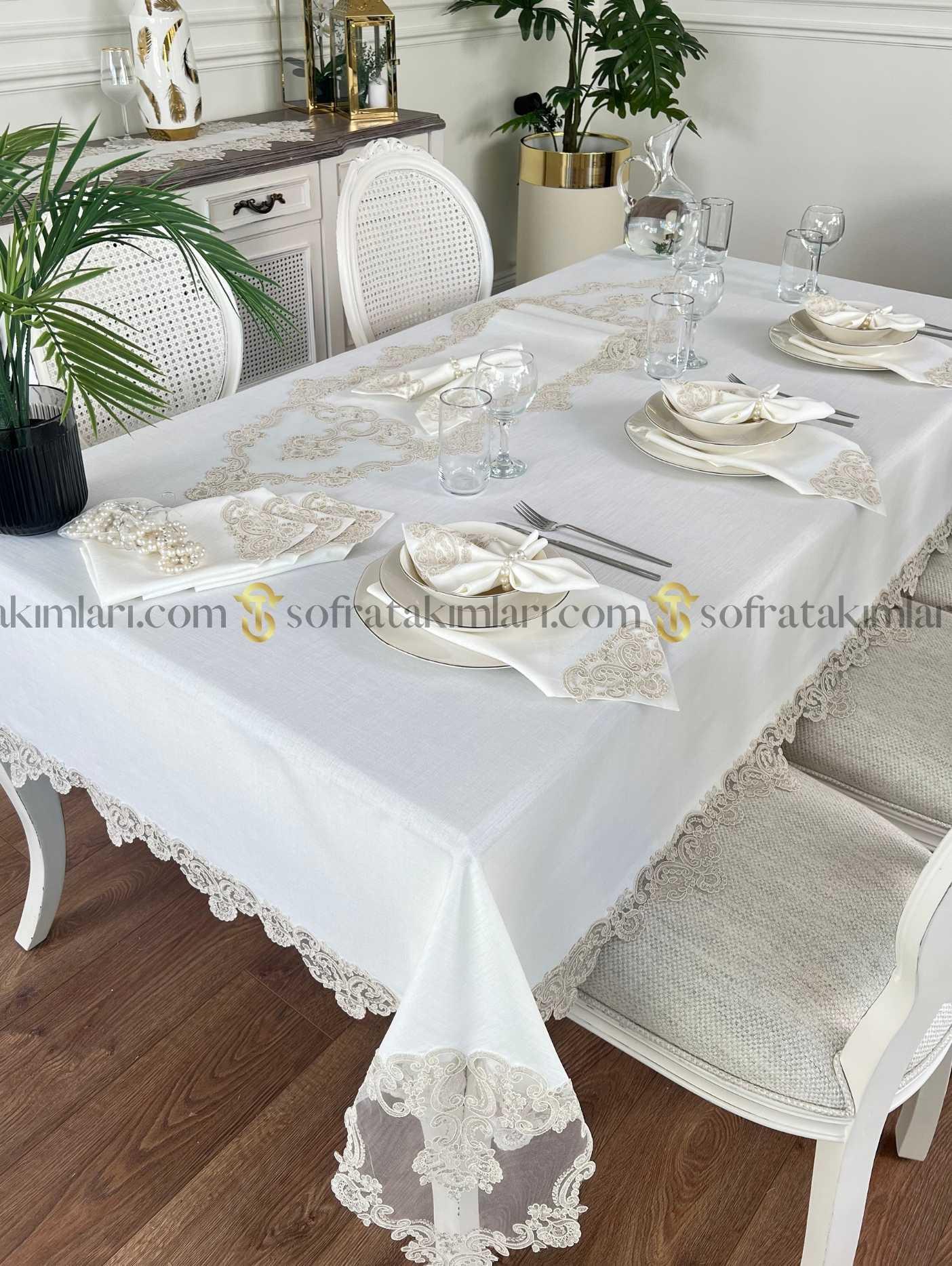 Vintage Model Lüx 26 Parça Sofra Takımı Set - Cappucino Dantelli - Kırık Beyaz Kumaş