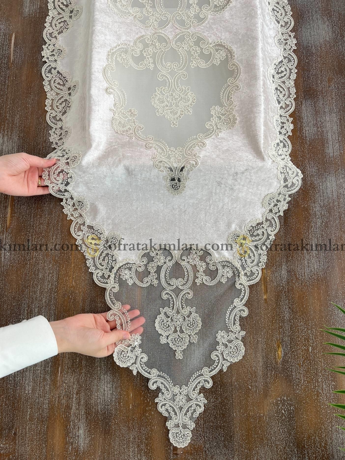 Vintage Taş Model 5 Parça Salon Örtü Takımı - Cappucino Kadife