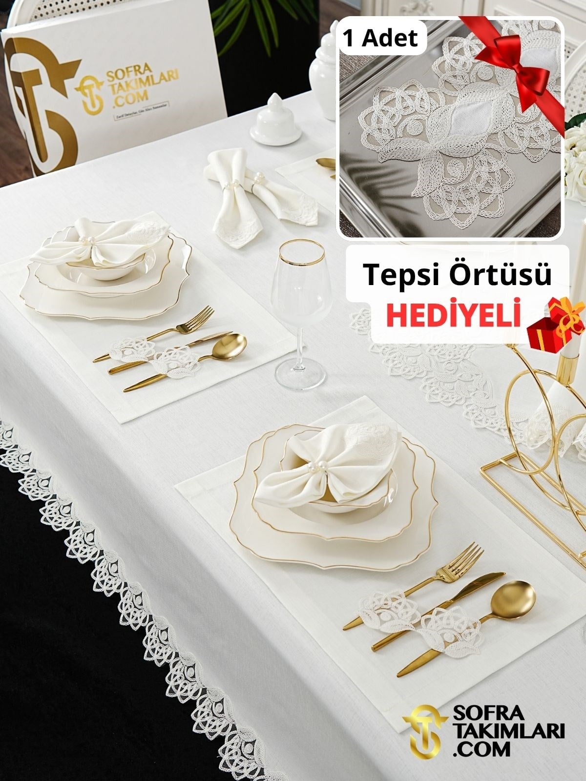 Yazgülü Model Lüks Sofra Takımı 38 Parça Full Set - Kırık Beyaz Dantel - Kırık Beyaz Keten Kumaş