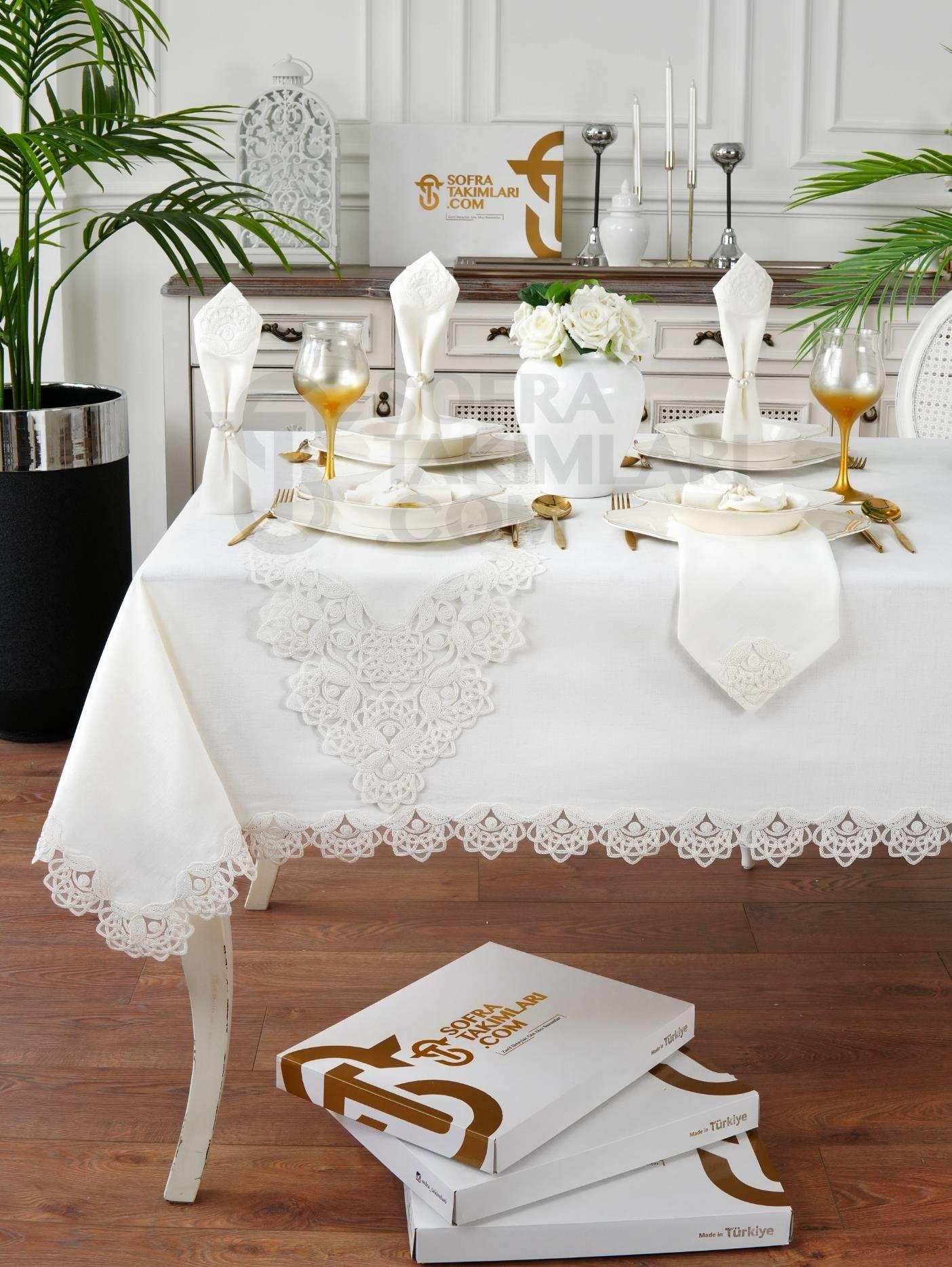 Yazgülü Model Lüx Sofra Takımı - 26 Parça Set - Kırık Beyaz Renk Gardenya Kumaş 