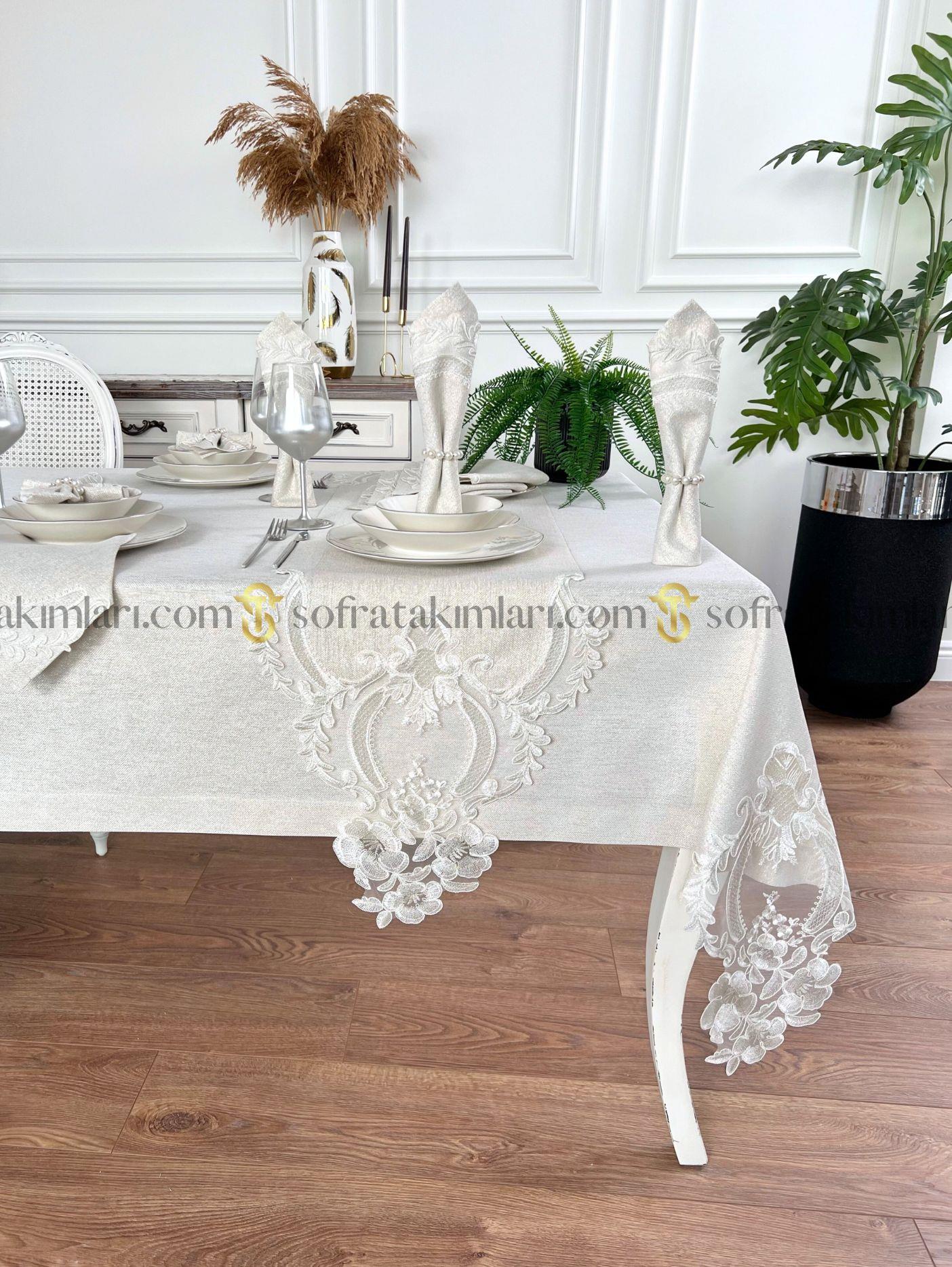 Zahira Model Eko Sofra Takımı 26 Parça Set - Gümüş Dantelli - Işıltılı Taş Rengi Kumaş