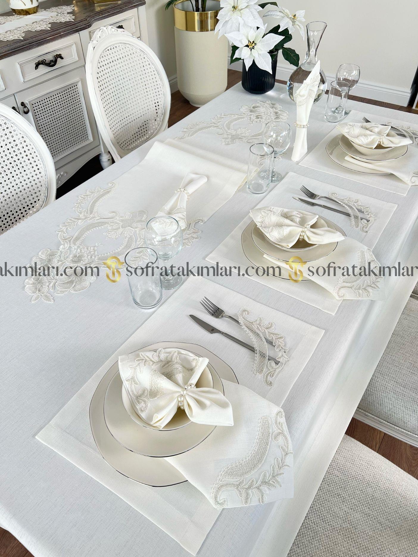 Zahira Model Eko Sofra Takımı 38 Parça Amerikan Servisli Set - Gümüş Dantelli - Kırık Beyaz Kumaş