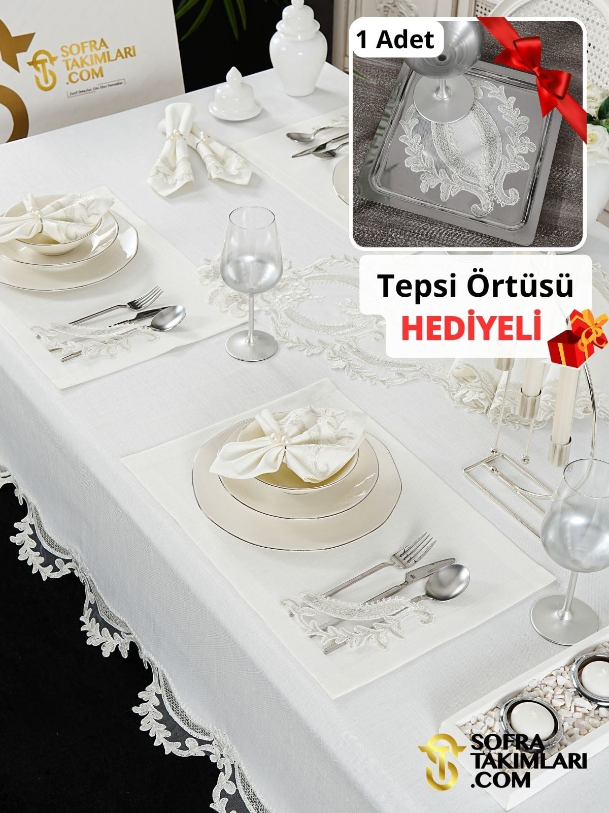 Zahira Model Lüks Sofra Takımı 38 Parça Full Set - Gri Dantel - Kırık Beyaz Keten Kumaş