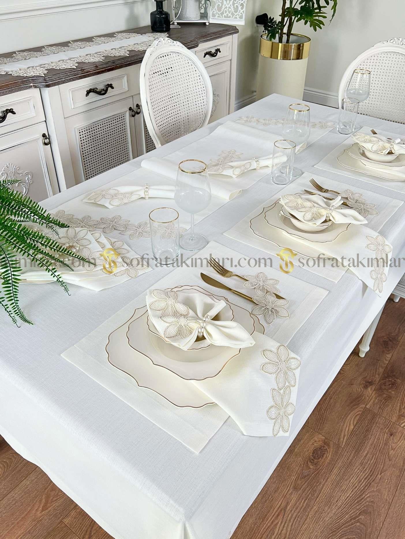 Zenya Model Eko Sofra Takımı - 38 Parça Amerikan Servisli Set - Gold Dantelli - Kırık Beyaz Kumaş