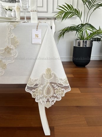 Safir Eko Masa Örtüsü Takımı Gold Dantelli