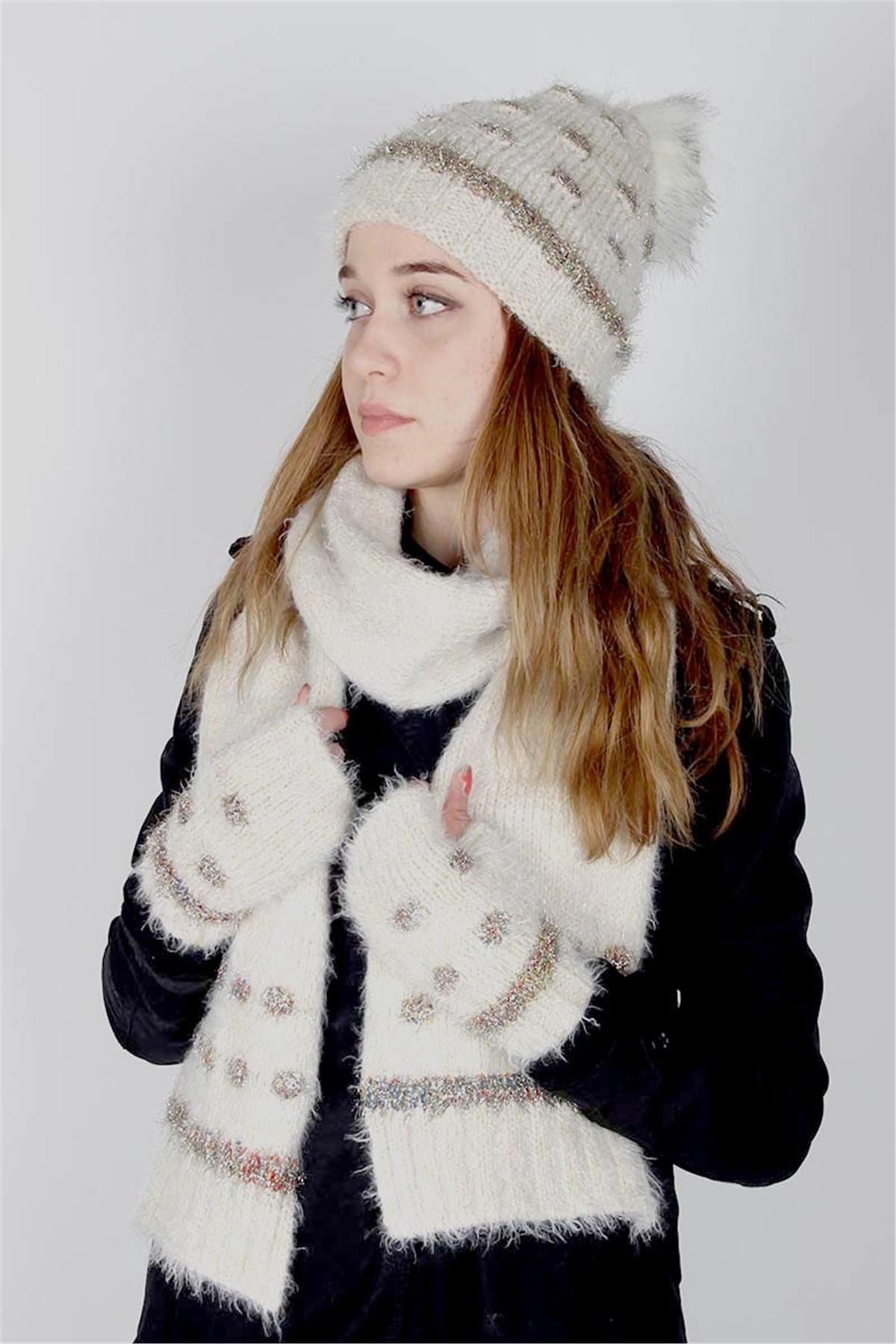  Exclusive Serisi Soft Kadın Atkı Bere Eldiven Takımı 30201 - Krem