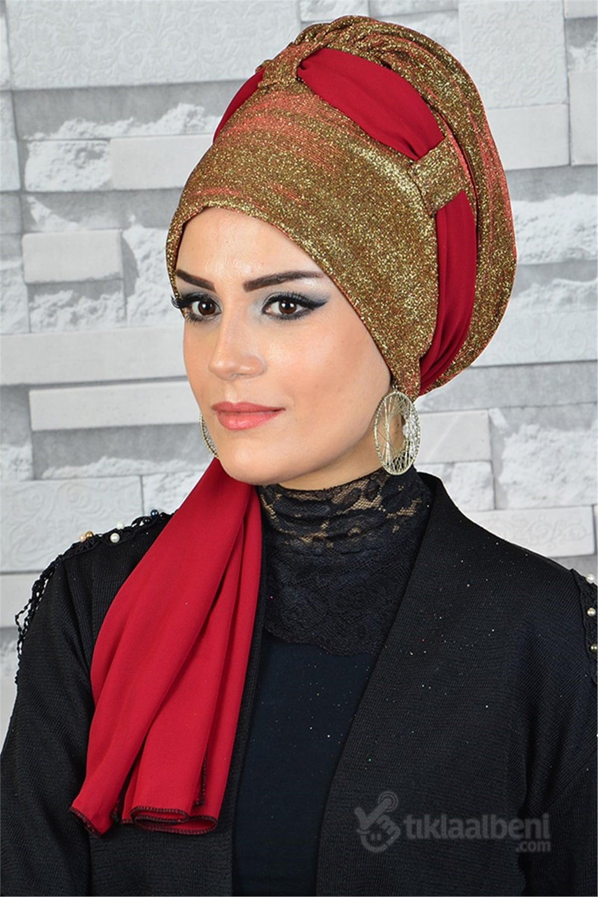 Biritli Gold Kırmızı Simli Hazır Abiye Bone bna013
