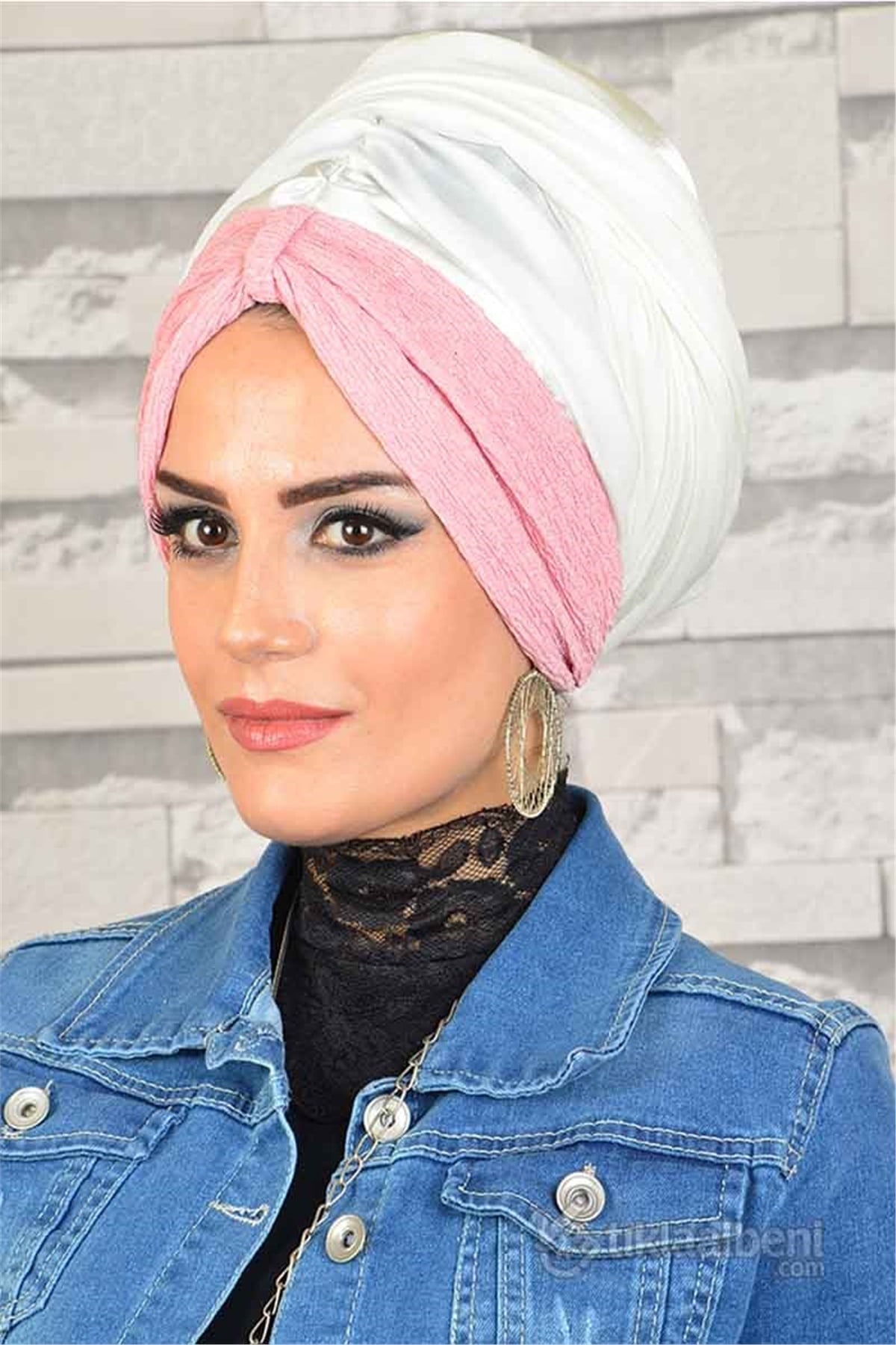 Biritli Pudra Kırık Beyaz Bandana Hazır Şal bnd162