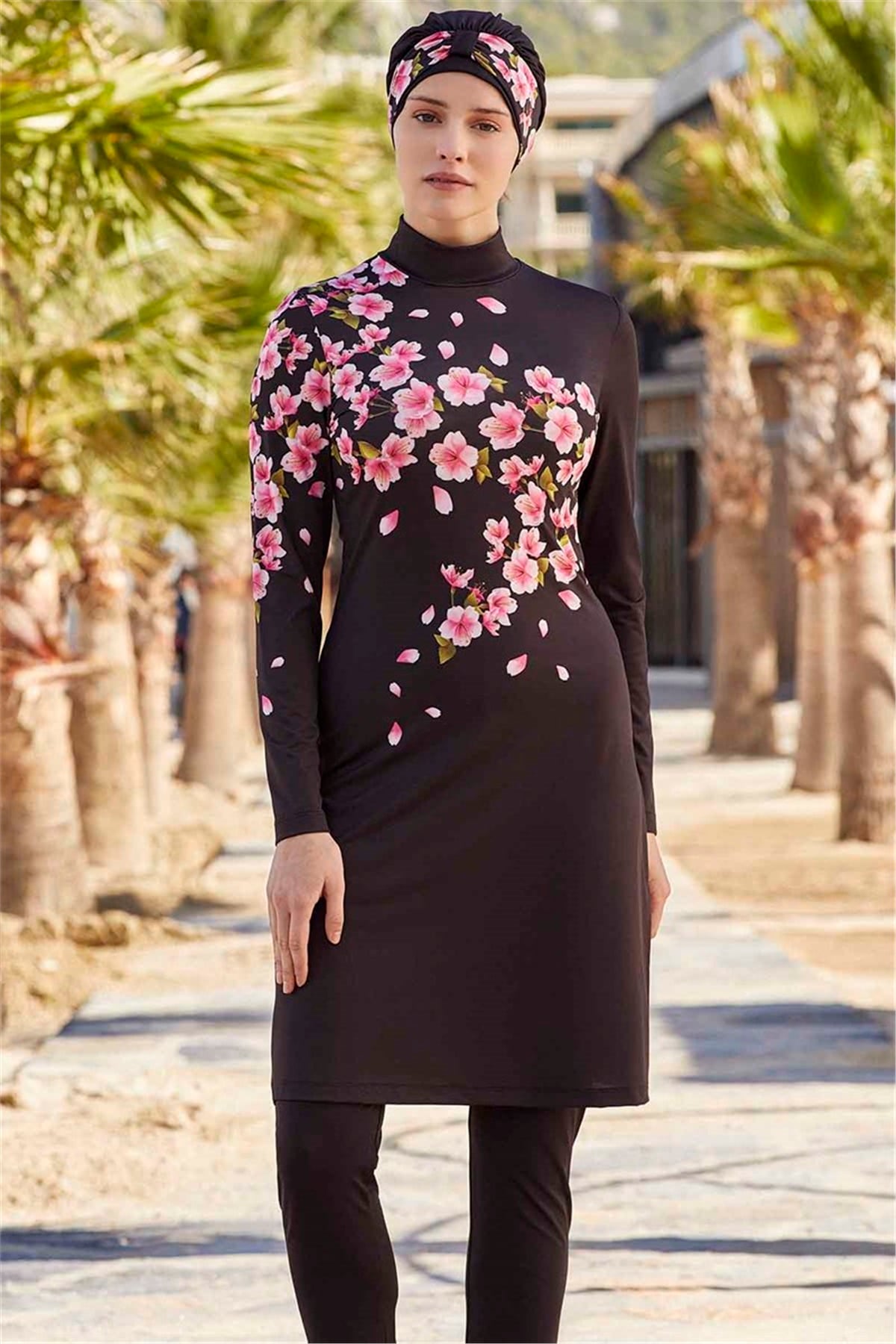 Çiçek Desenli Siyah Tesettür Mayo T0490