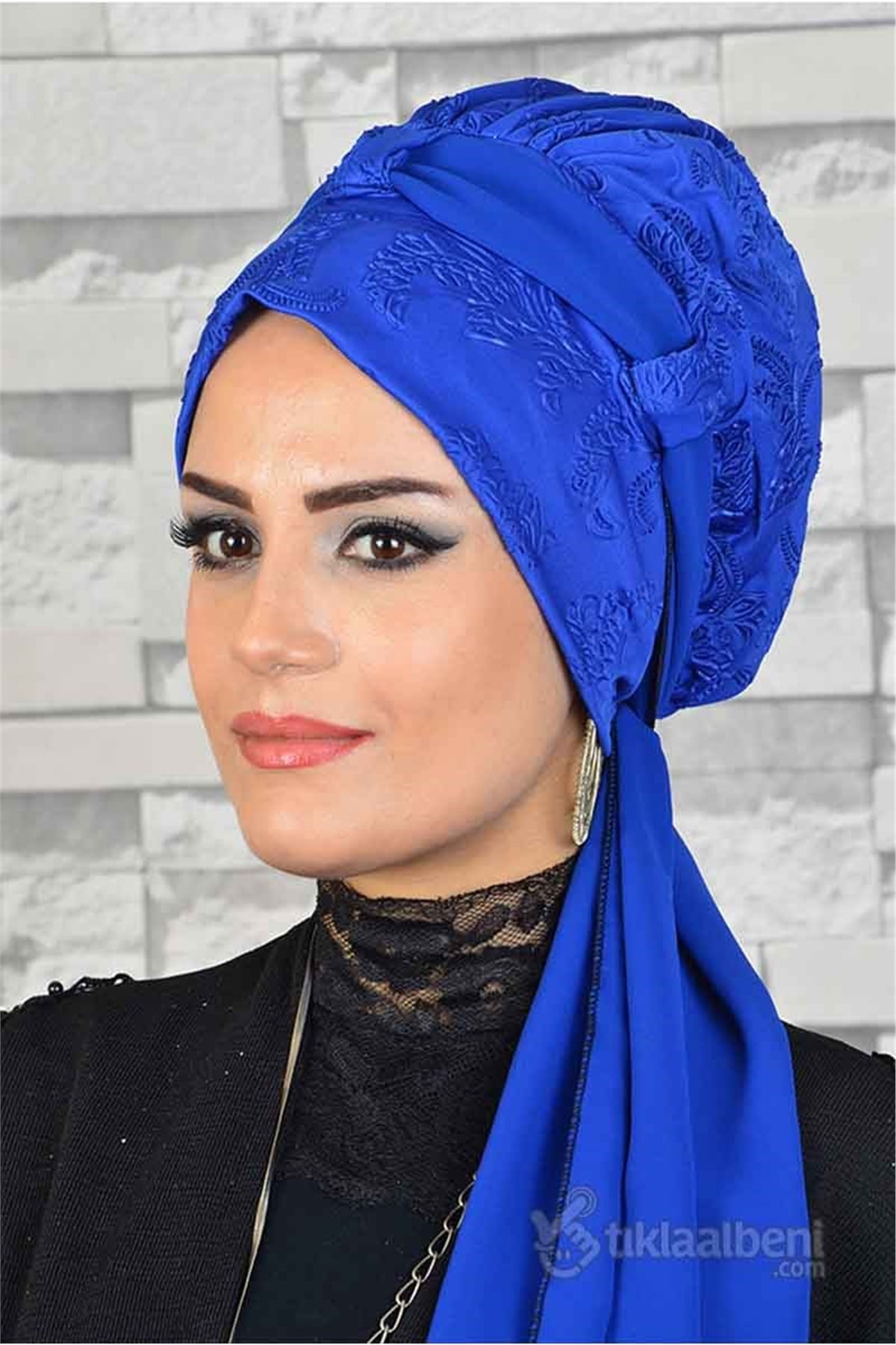 Çift Fularlı Saks Mavi Hazır Bone Eşarp tb2009
