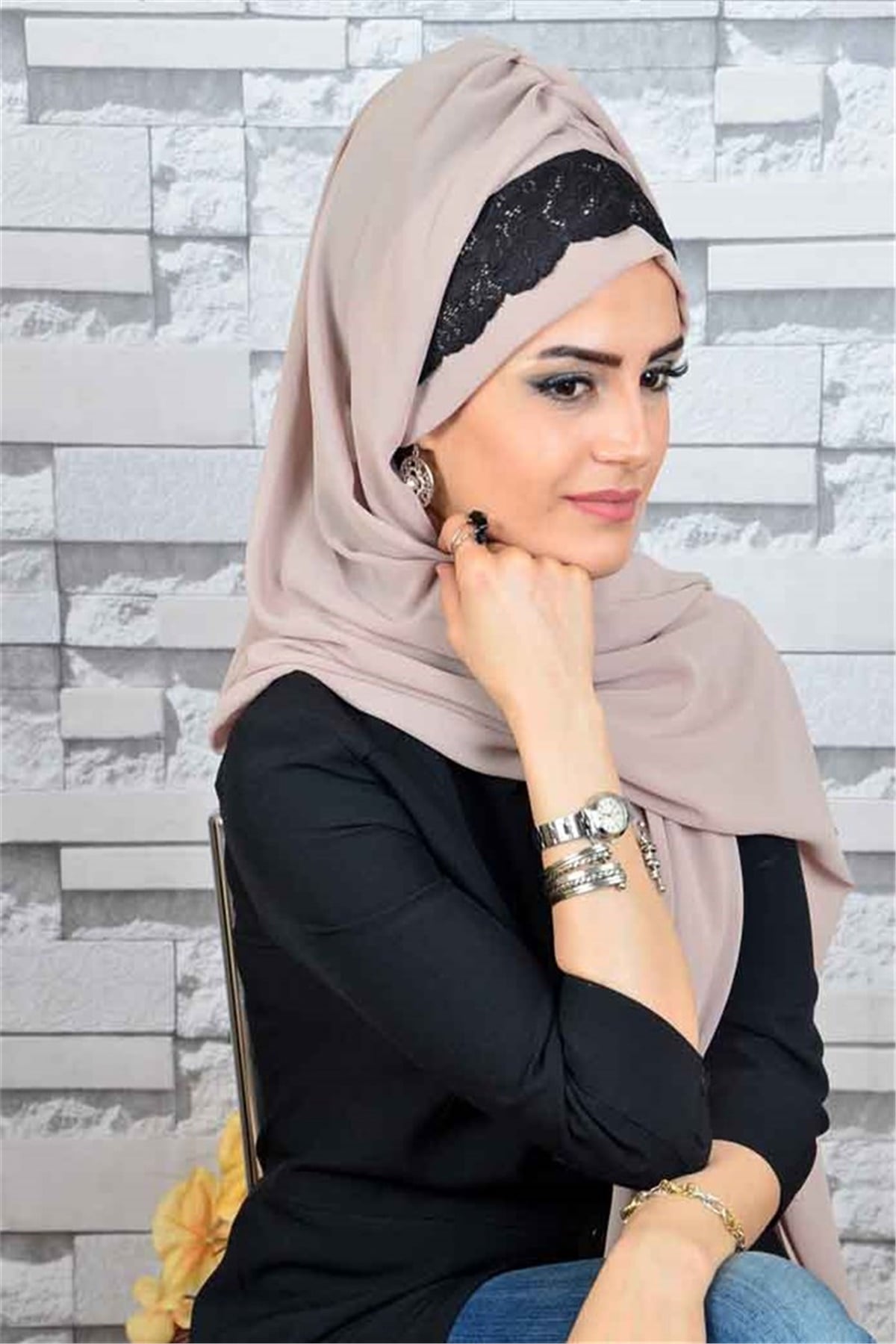 Dantelli Bej Bone Şal d629