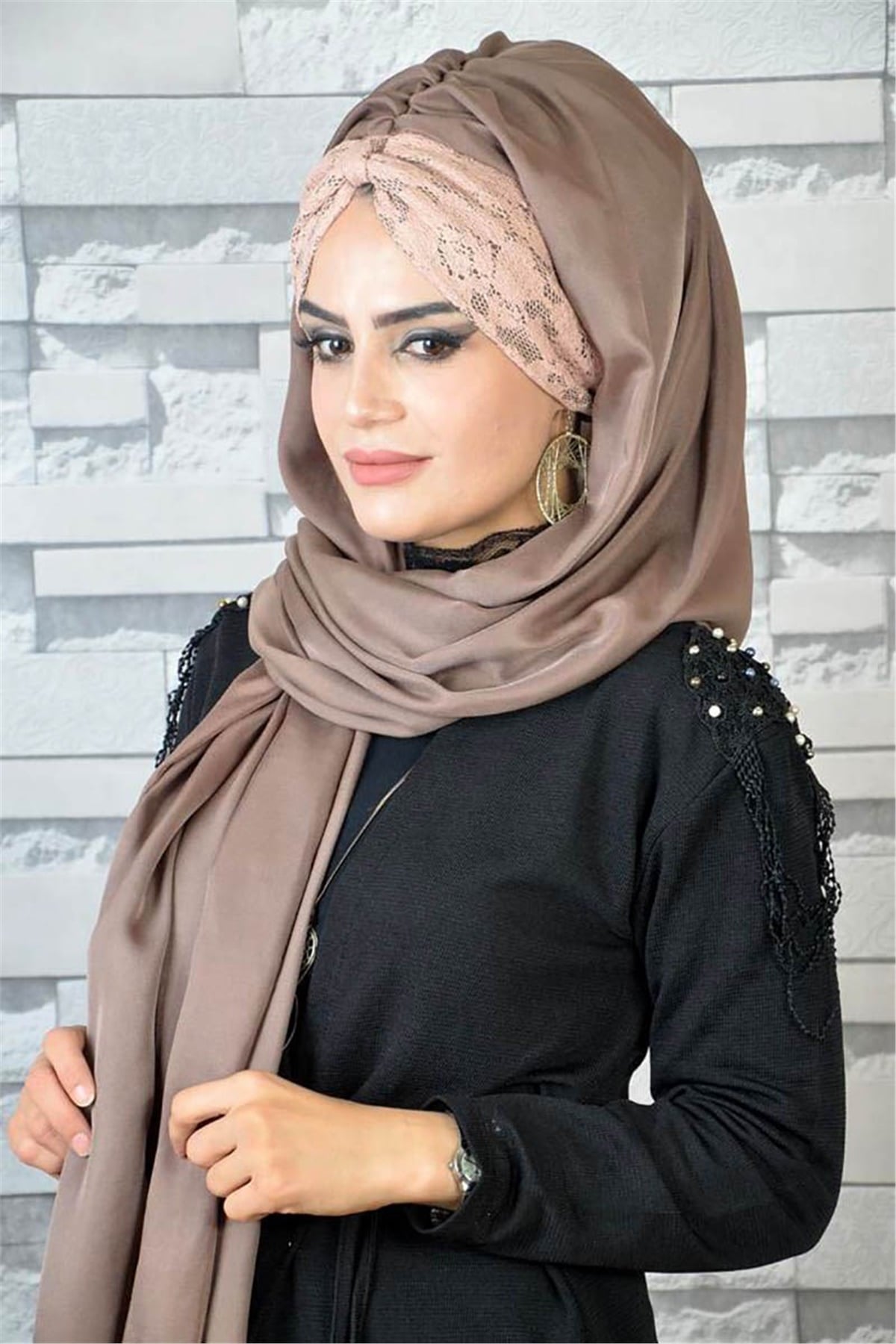Dantelli Hazır Şal Vizon T13986