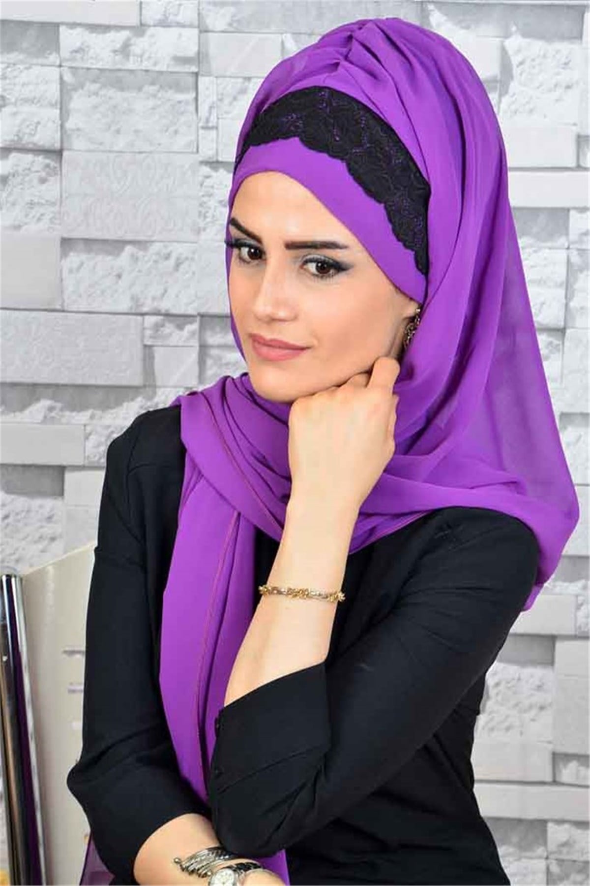 Dantelli Mor Bone Şal d624