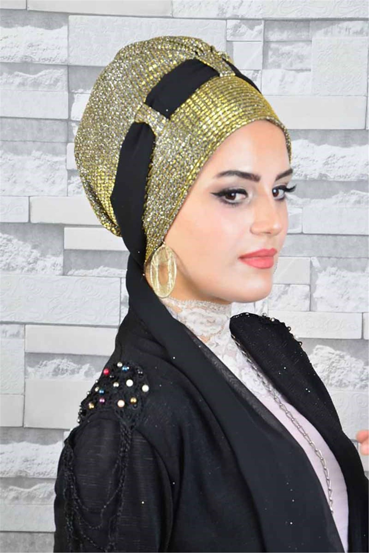 Desenli Gold Fularlı Abiye Bone bna049