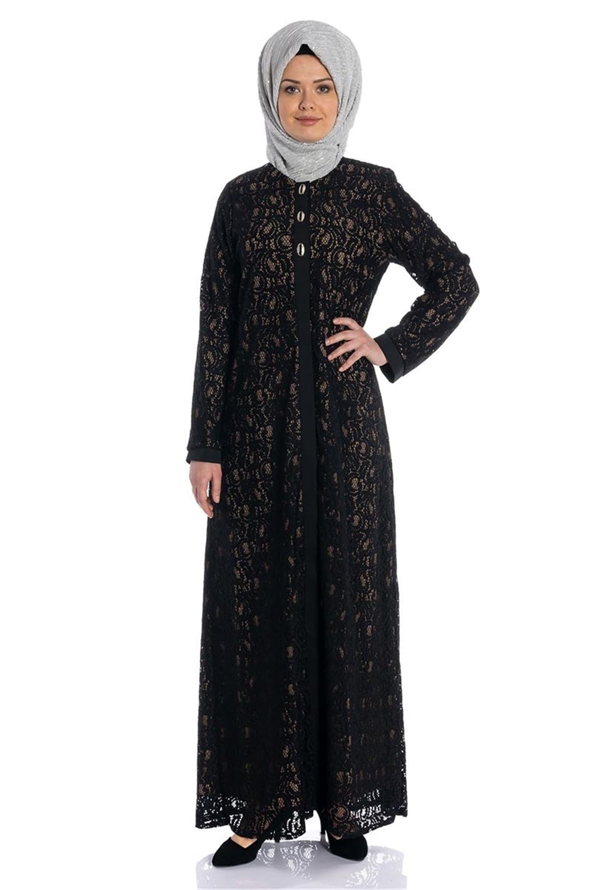 Düğmeli Dantelli Dantelli Ferace 17680 - Vizon