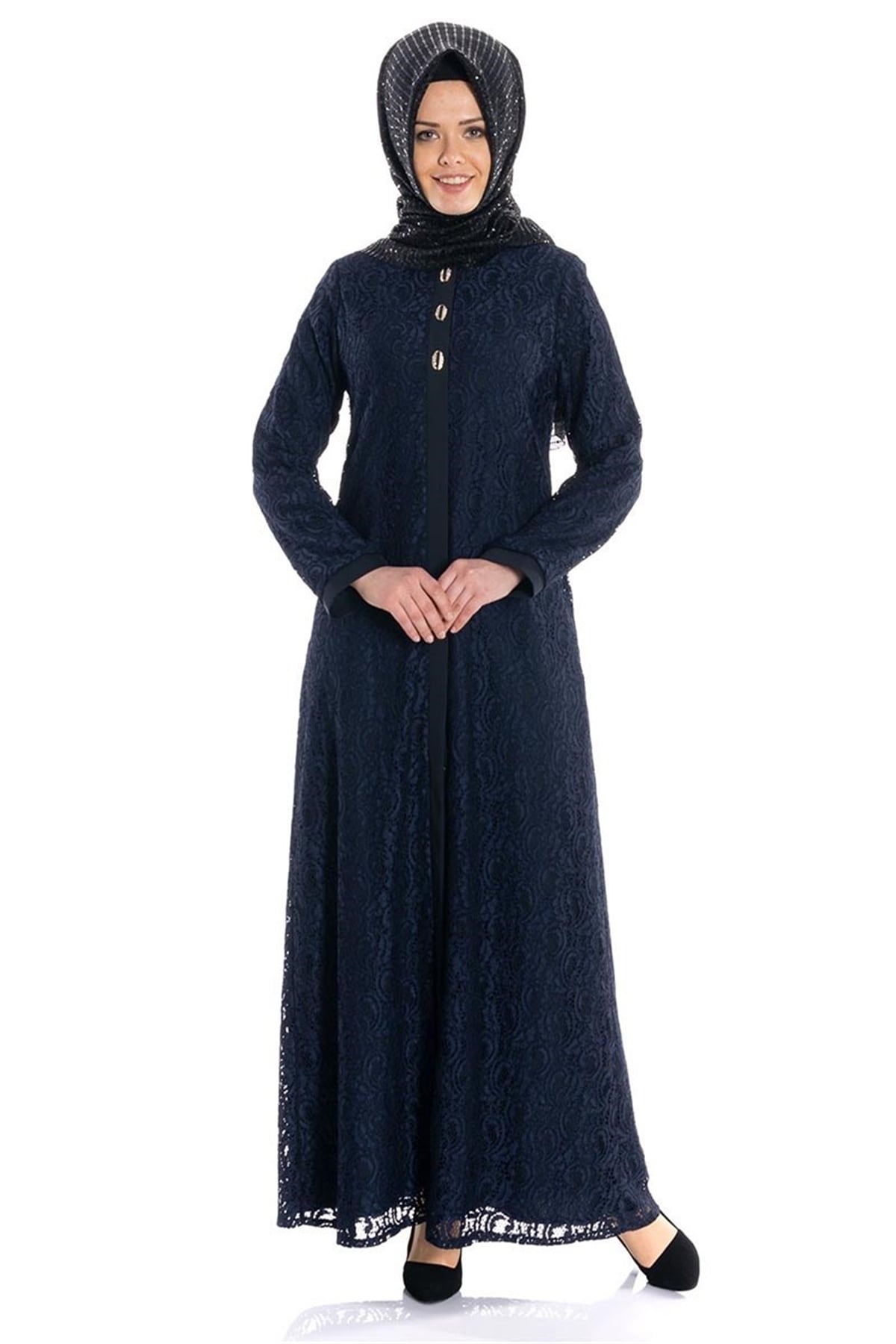 Düğmeli Dantelli Lacivert Dantelli Ferace 18460