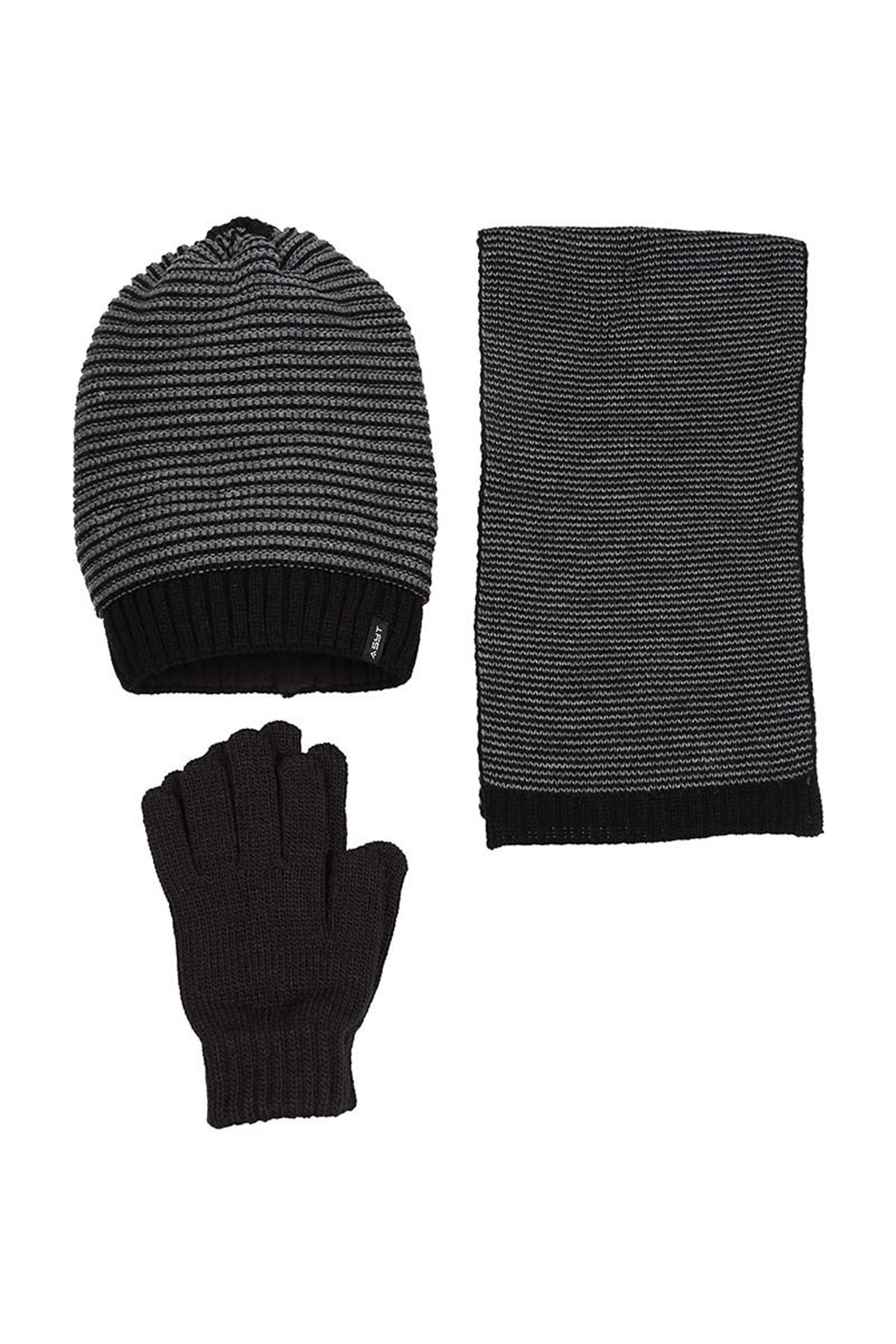 Edward Çizgili Erkek Atkı Bere Eldiven Takımı Gri  K8984