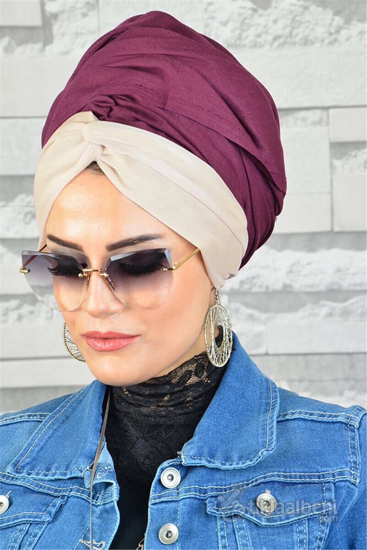 Ekru Biritli Mürdüm Bandana Hazır Şal bnd169