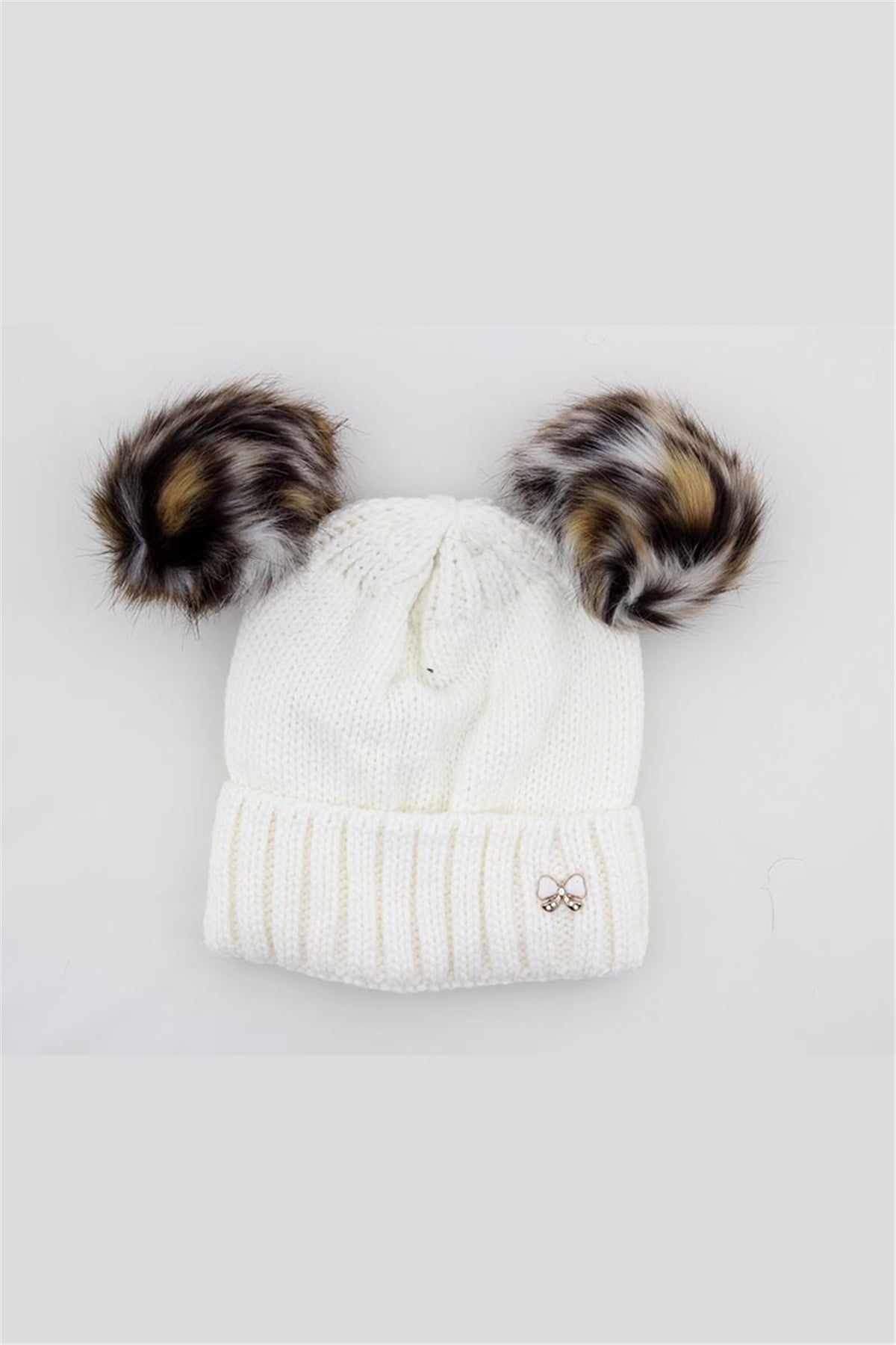 Ekru Kız Çocuk Çift Ponponlu Bere 4-12 Yaş