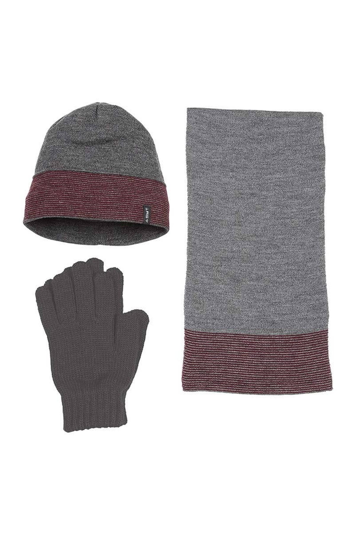 Erkek Atkı Bere Eldiven Takımı - Açık Gri - K8980