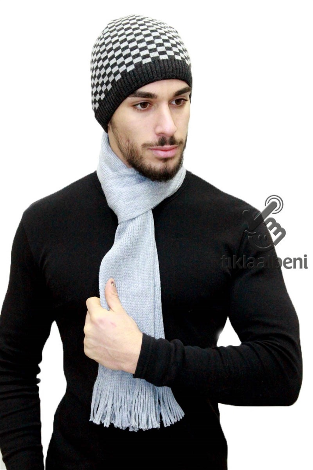 Sparta 602052 İçi Polar Kareli Bere Atkı Takımı - Gri