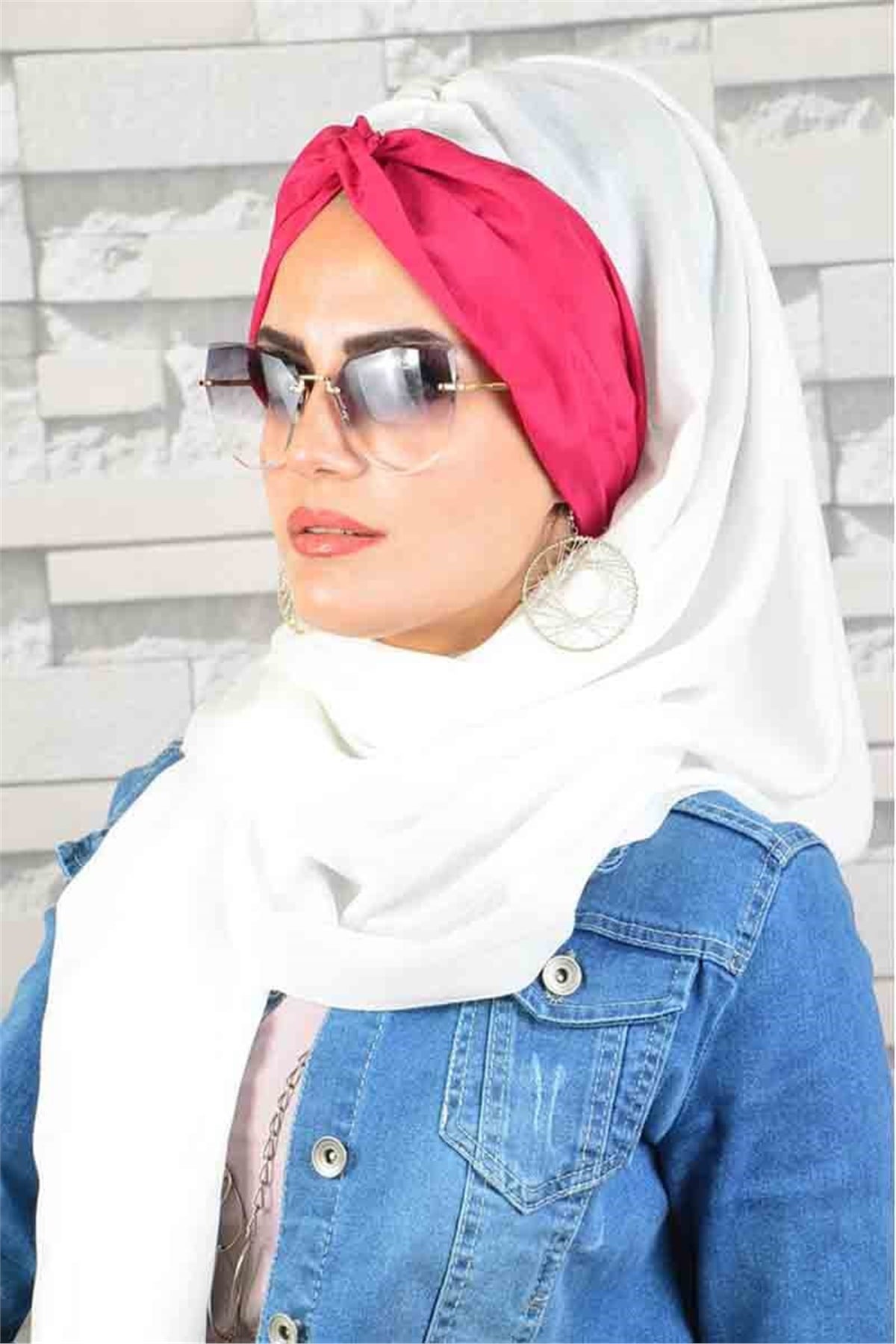 Fuşya Krem Burgu Bandana Hazır Şal bnd3079