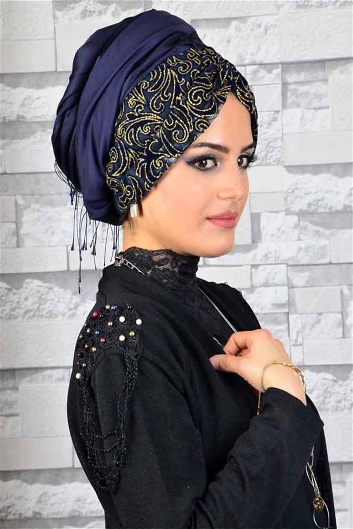 Gold Simli Lacivert Bandana Pratik Şal BND6065