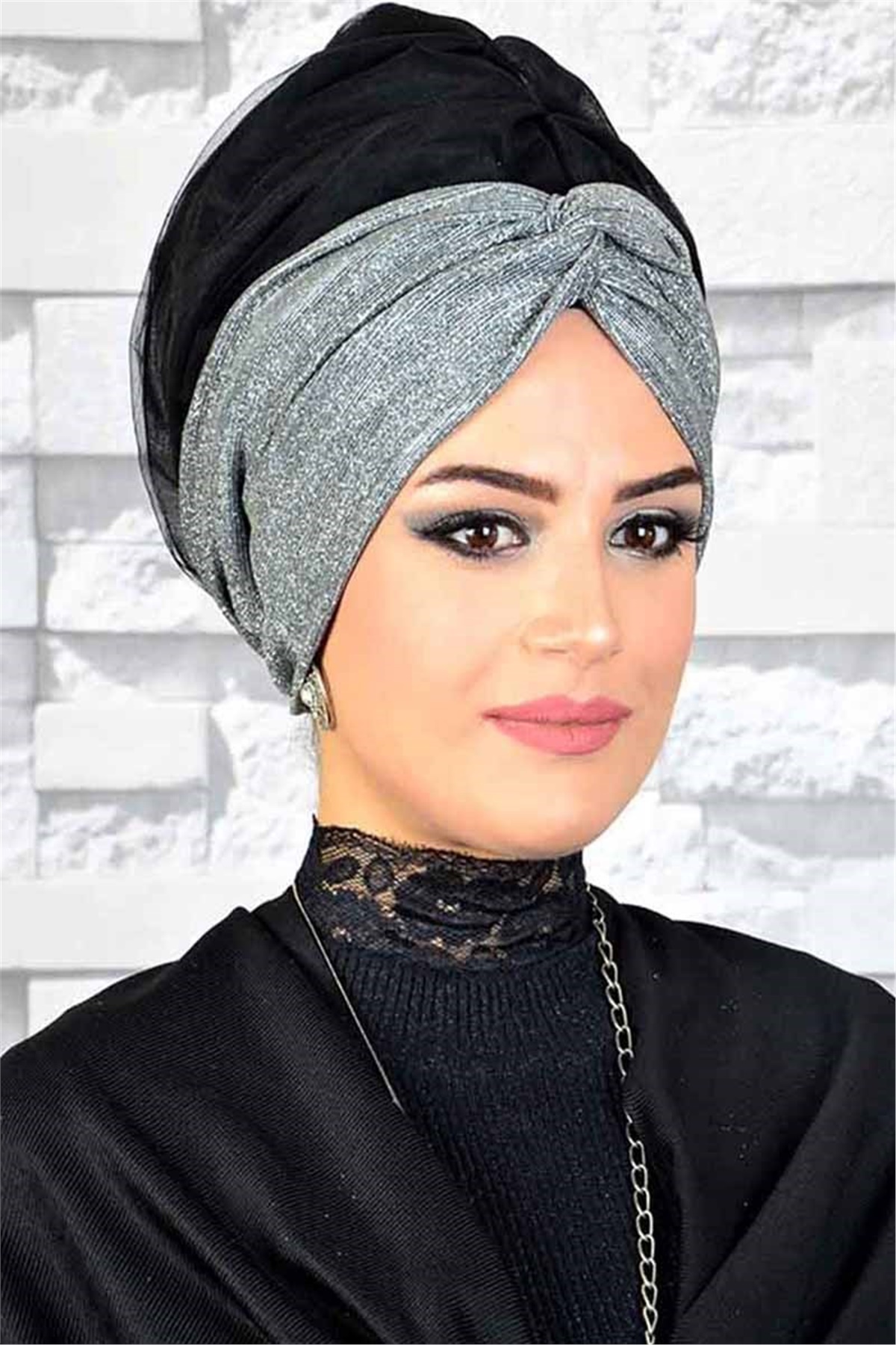 Gümüş Siyah Tül Tesettür Abiye Bone hz007