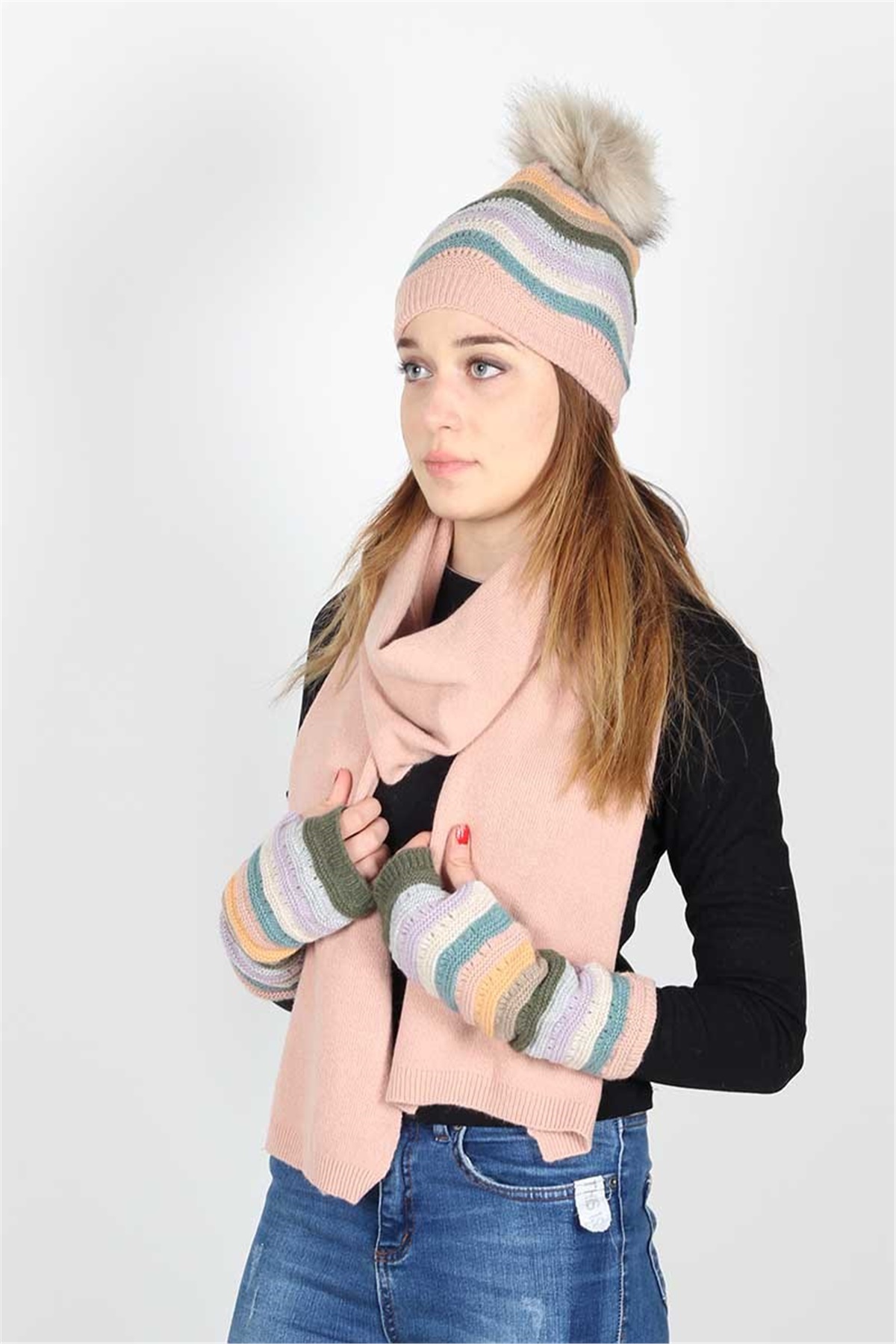 Harley Kadın Atkı Bere Eldiven Takımı Exclusive Serisi 13081 - Pembe