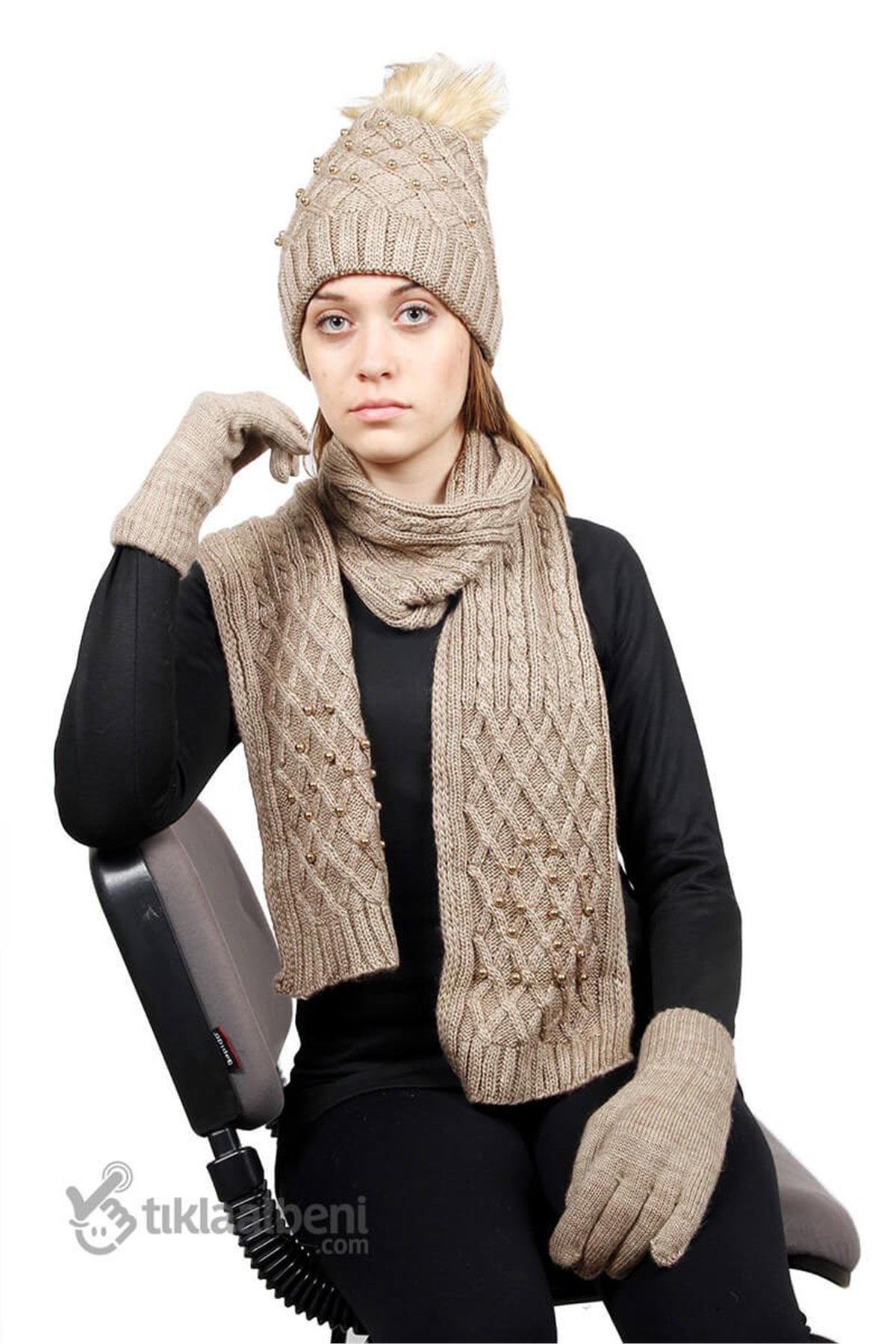 İnci Atkı Bere Eldiven Seti SV-507 Bej