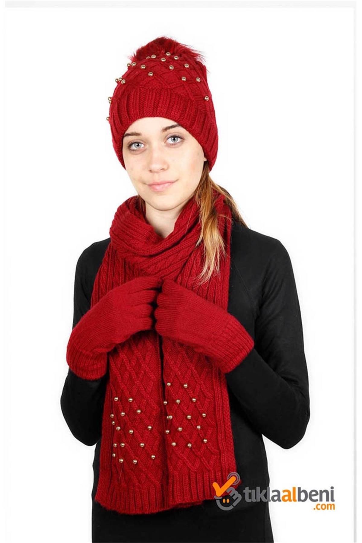 İnci Atkı Bere Eldiven Seti SV-507 Kırmızı