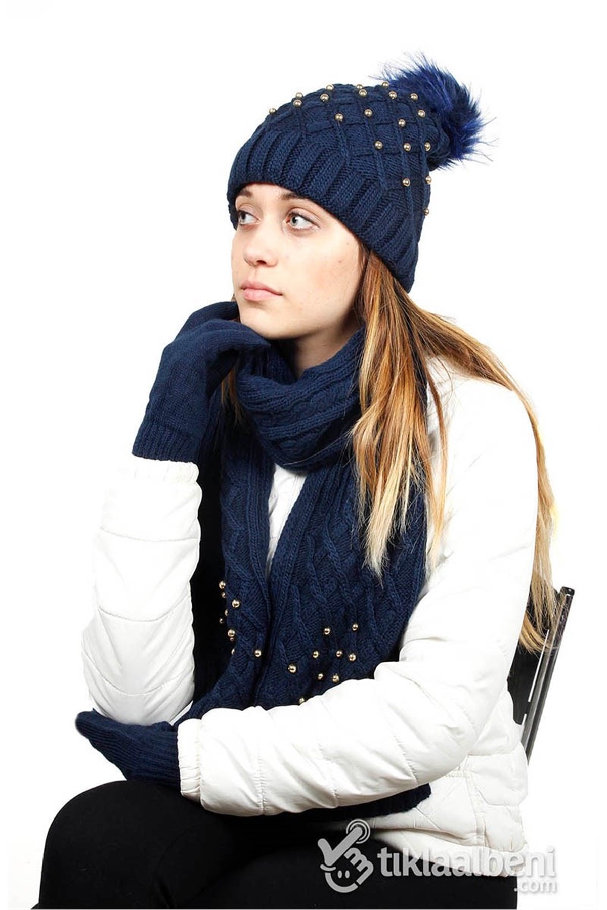 İnci Atkı Bere Eldiven Seti SV-507 Lacivert