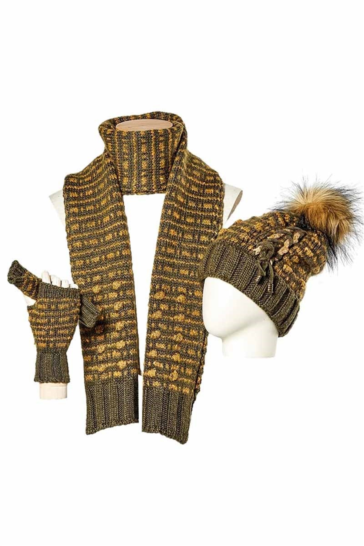 Kadın Atkı Bere Eldiven Takımı 13068 - Haki