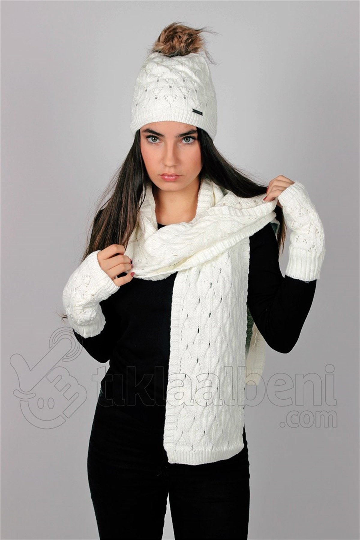 Kadın Atkı Bere Eldiven Takımı Beyaz GP-1601