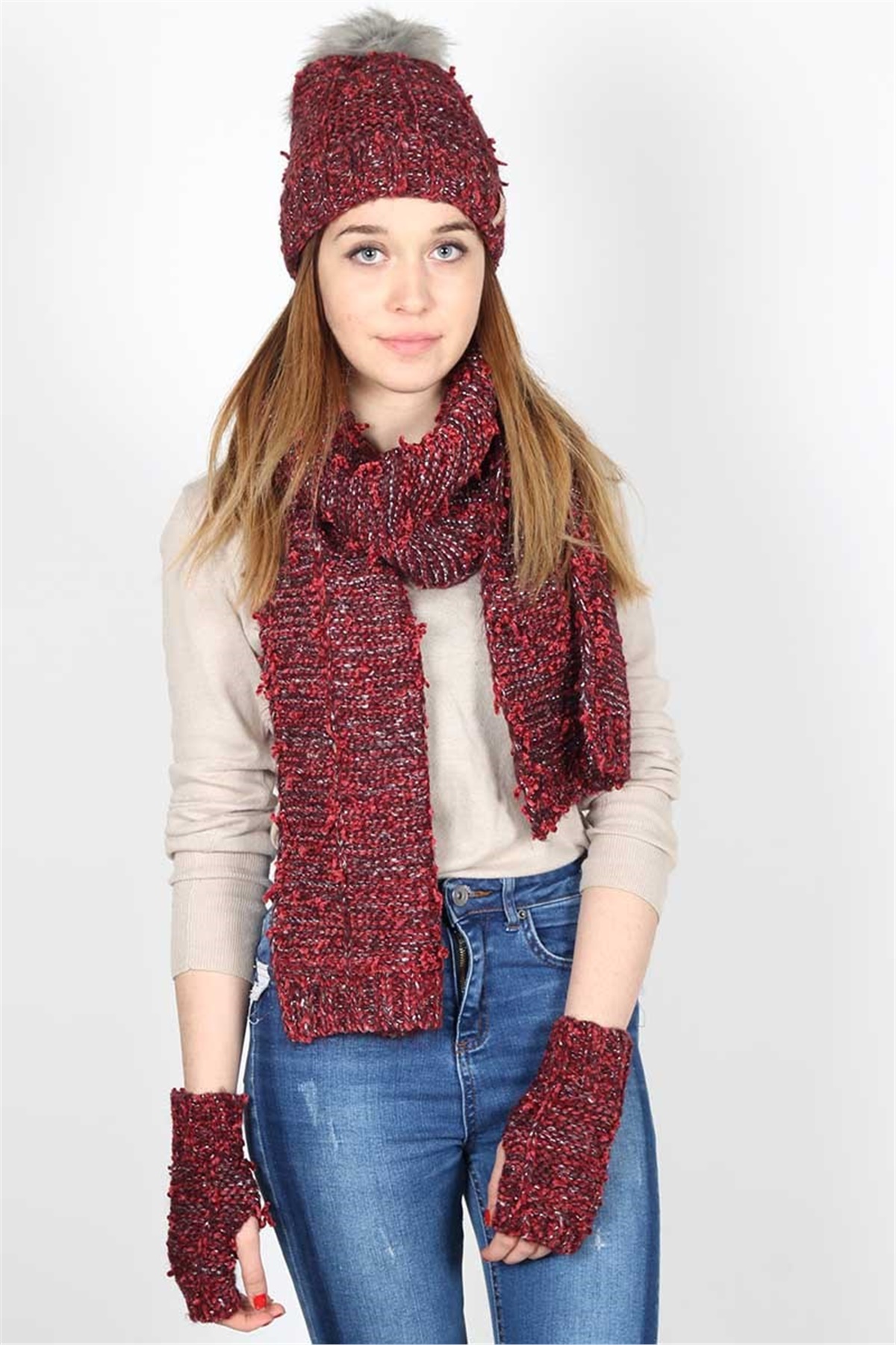 Kadın Kırmızı Atkı Bere Eldiven Takımı 3079 