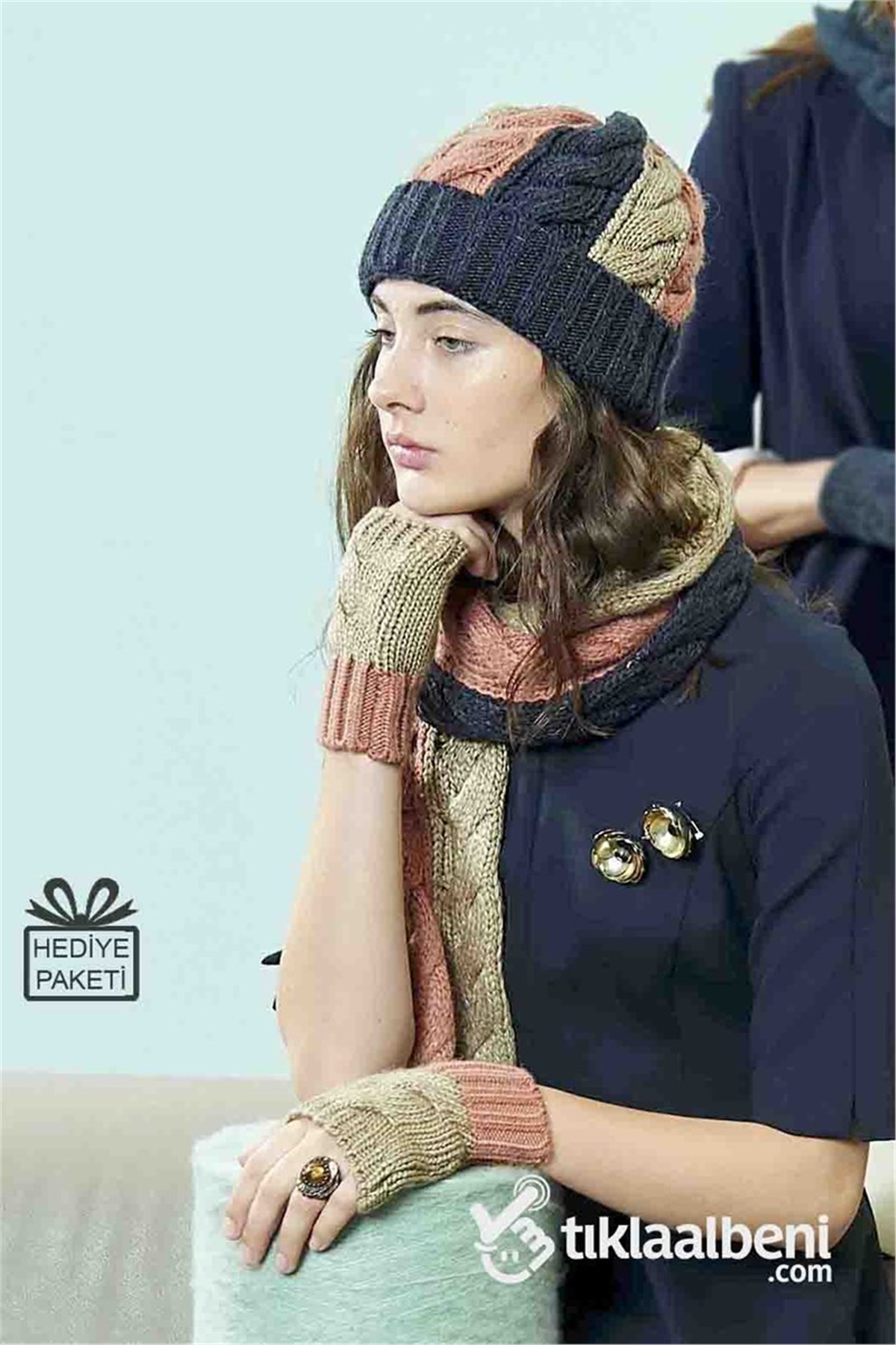 Kadın Üçlü Atkı Seti, Atkı, Bere, Eldiven 