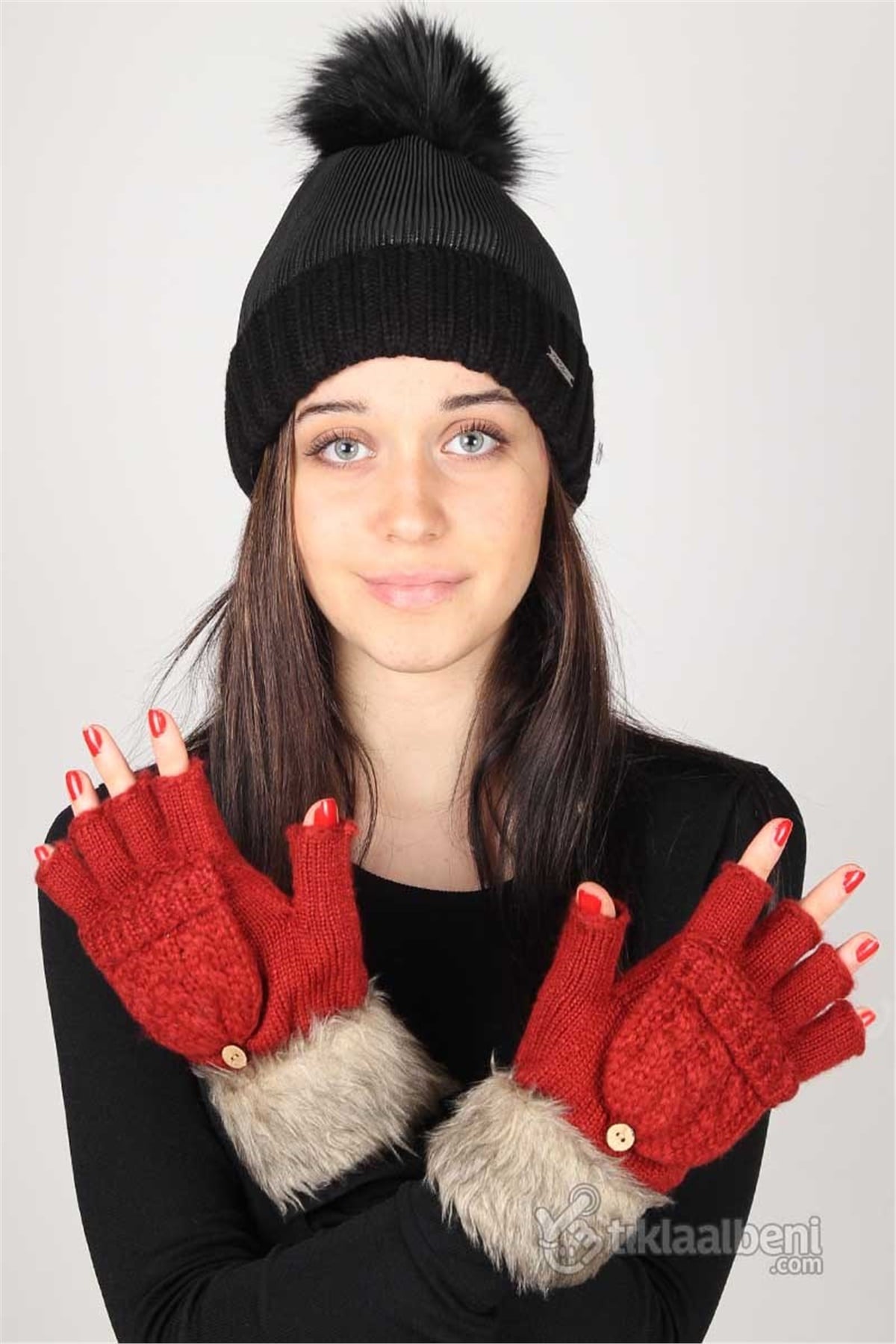 Kürklü Parmaksız Eldiven - Kırmızı