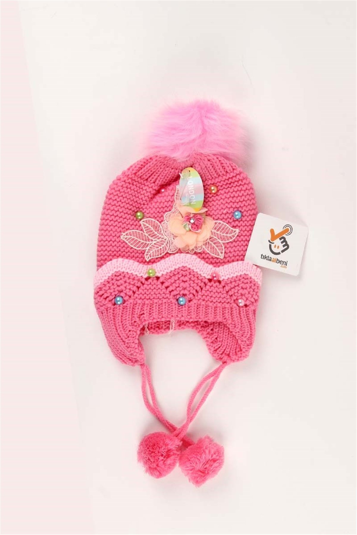 London Kız Çocuk Çiçek Yapraklı Kulaklı Şapka Bere Koyu Pembe